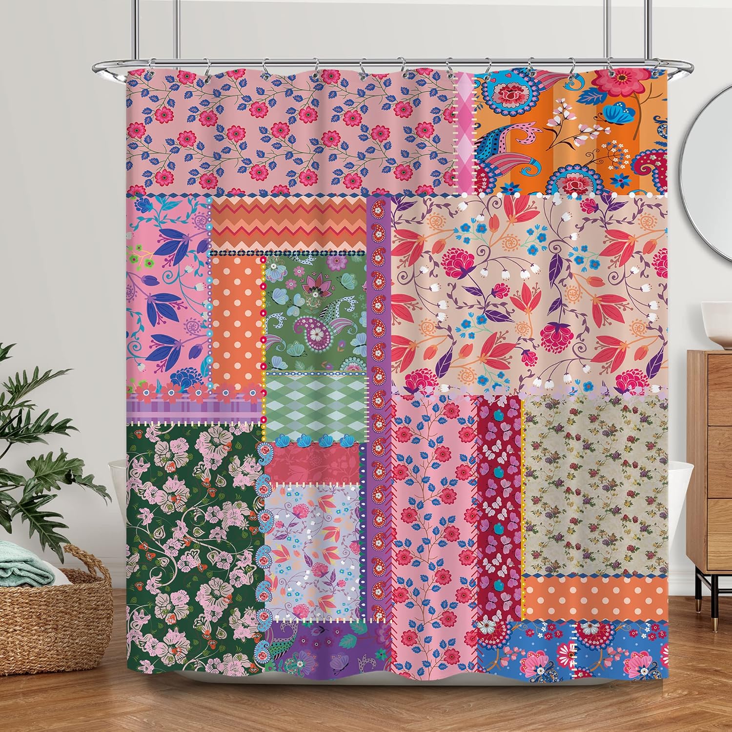 Laifzere Patchwork Boho Floral Shower Curtain Rustic Flower Shower Curtain for