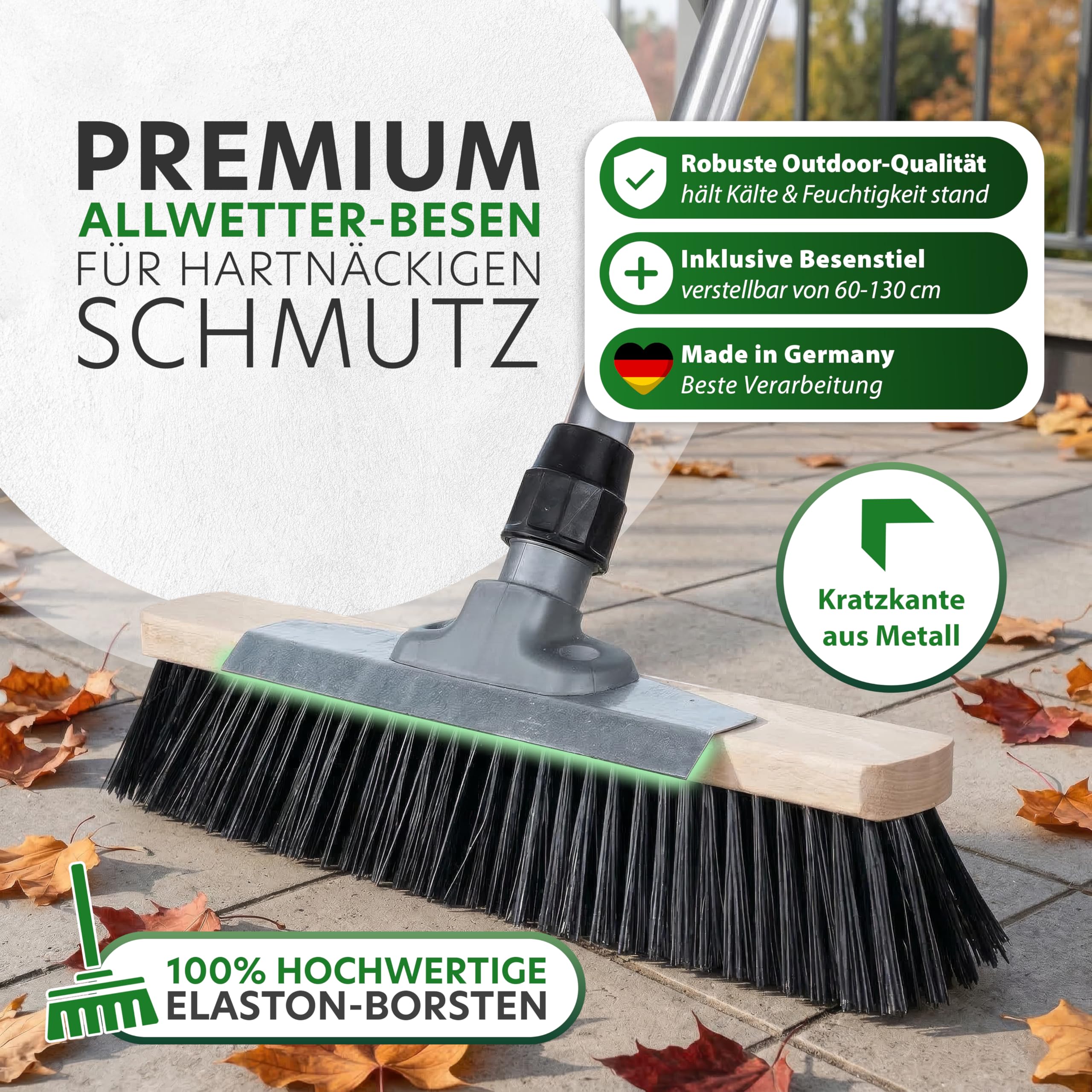 ORGAFLIX Straßenbesen mit Stiel 40cm, Gartenbesen mit Schabekante und Elastonborsten für hartnäckigen Schmutz, Erde, Kies, Kehrbesen für Außenbereiche, aus Deutscher Herstellung, Stiel aus Italien