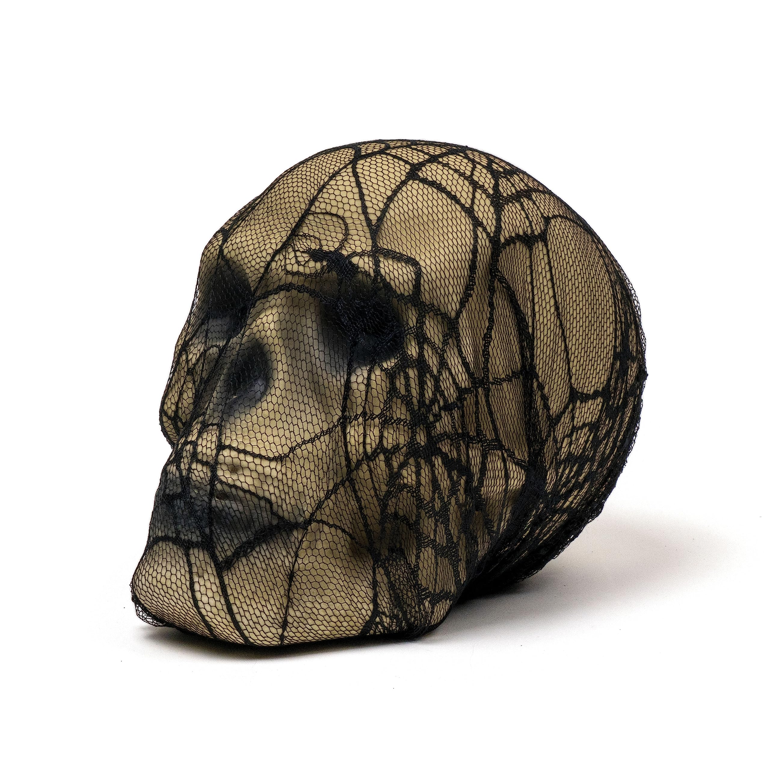 Life Size Human Head Skull Sculpture Halloween Spiderweb Lace-Wrapped Faux Skull Lace Cloth Head Decoration for Home Party Decoration