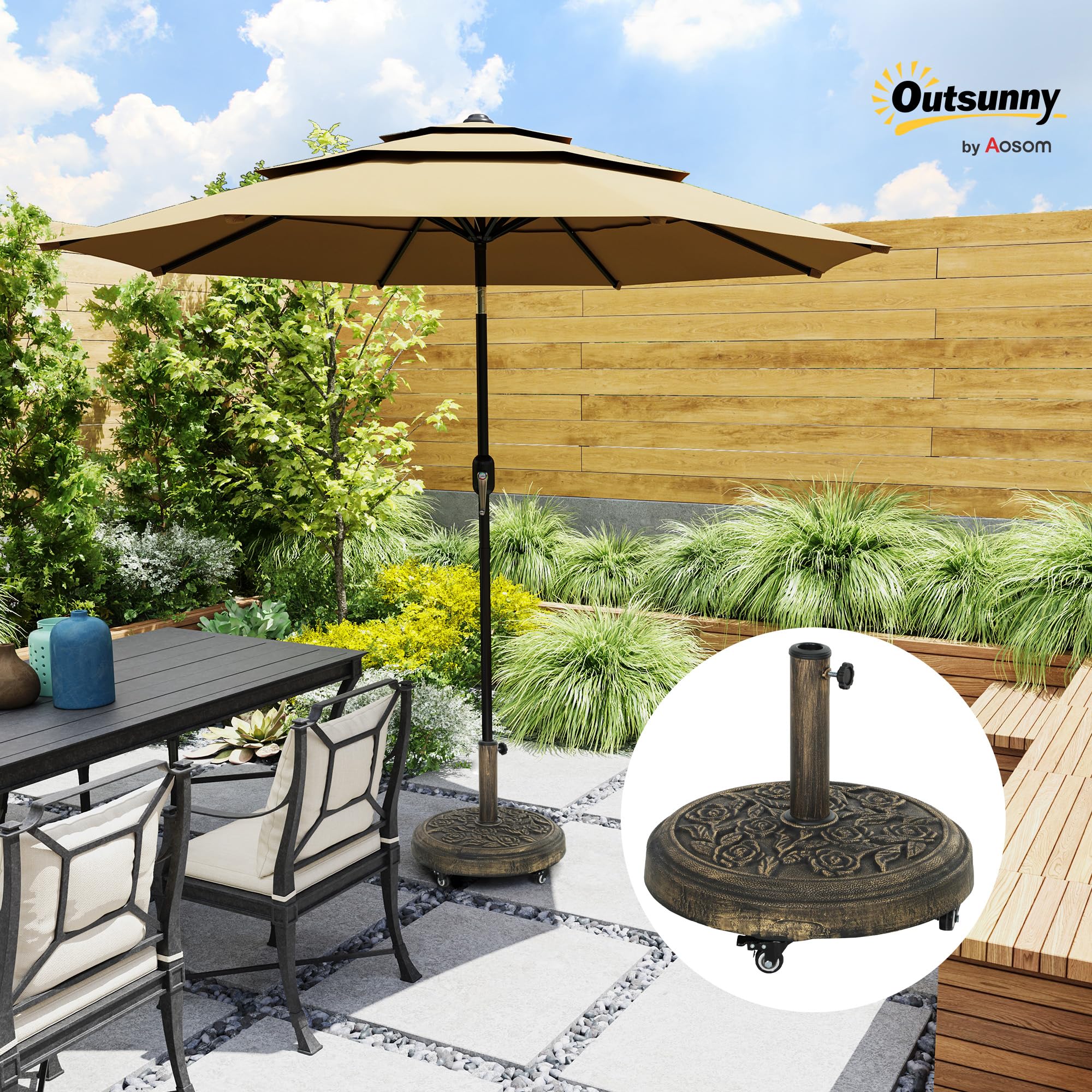 Outsunny Base per Ombrellone Rotonda da Esterno 21 kg con Ruote Bronzo | Basamento in Resina, Supporto per Ombrelloni da 32mm/38mm/48mm, per Giardino, Terrazza, Piscina