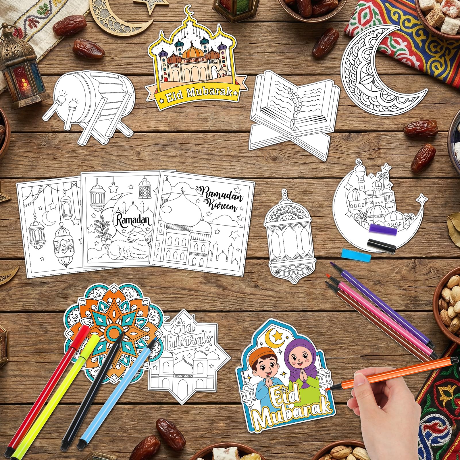 HOWAF 24 PCS Ramadan Crafts Fridge Magnet Kit, Color Your Own Eid DIY Fridge Magnet Include 24 Magnet Paint Pens Eid Mubarak Gifts for Kids Party Supplies Home School Activities
