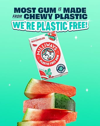 Milliways Watermelon Chewing Gum, Plastic Free, Sugar Free, Aspartame Free, Natural | 12 Packs of 10 Pieces (120 Pieces Total) | Xylitol, Plant-Based, Biodegradable