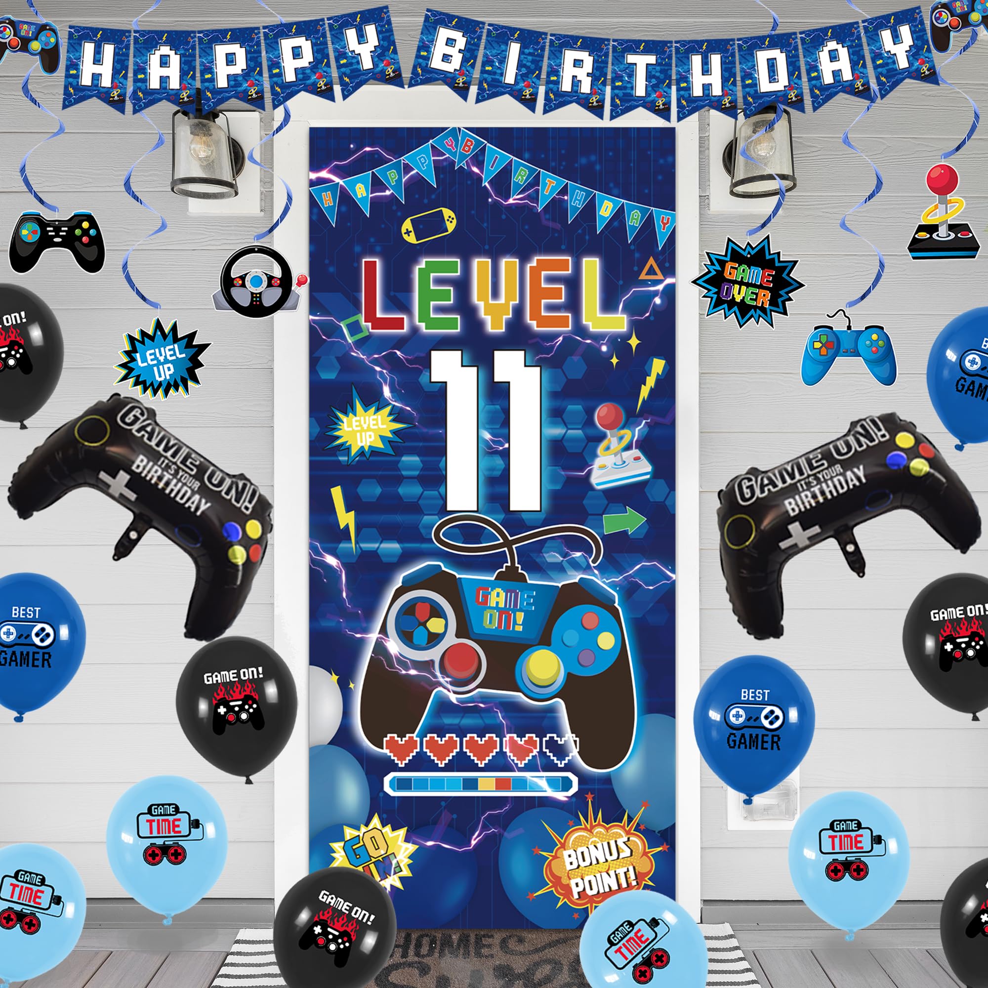 Vlipoeasn Decoraciones azules de cumpleaños número 11 para niños, pancarta de nivel 11 para videojuegos, telón de fondo con remolinos colgantes para fiesta de cumpleaños 11, suministros de fiesta de