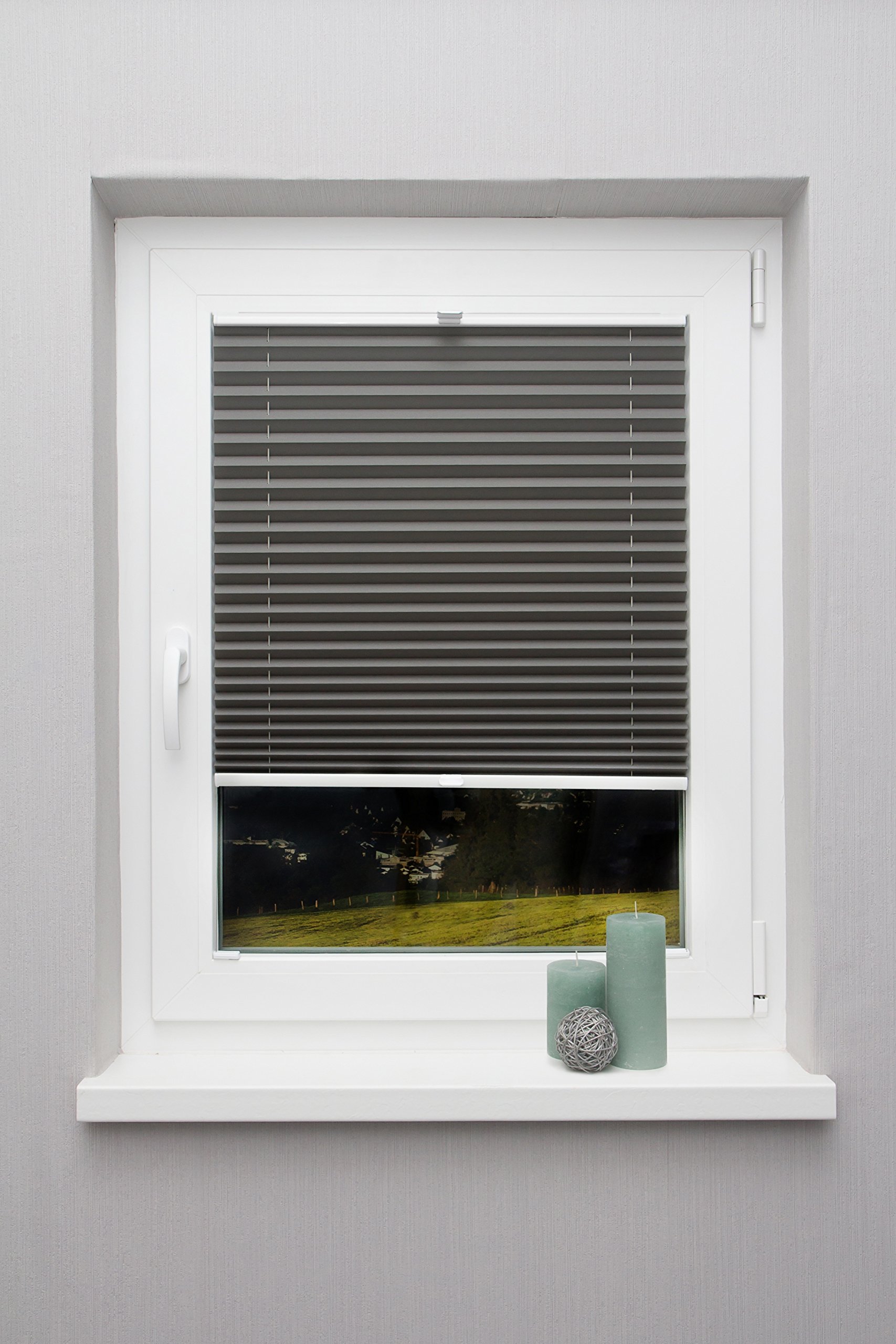 Plissee auf Maß Thermo für alle Fenster Montage in der Glasleiste Blickdicht mit Spannschuh Sonnenschutzrollo Dunkelgrau Breite: 91-100 cm, Höhe: 101-150 cm