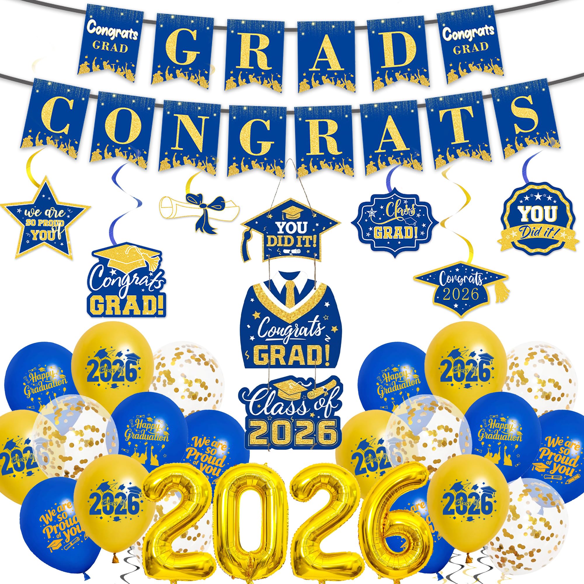 Graduation Decorations 2026 Congratulations Banner - Blue Gold Congrats Grad Banner Balloons, Door Decor and Hanging Swirls for Class of 2026 Graduation Party Supplies