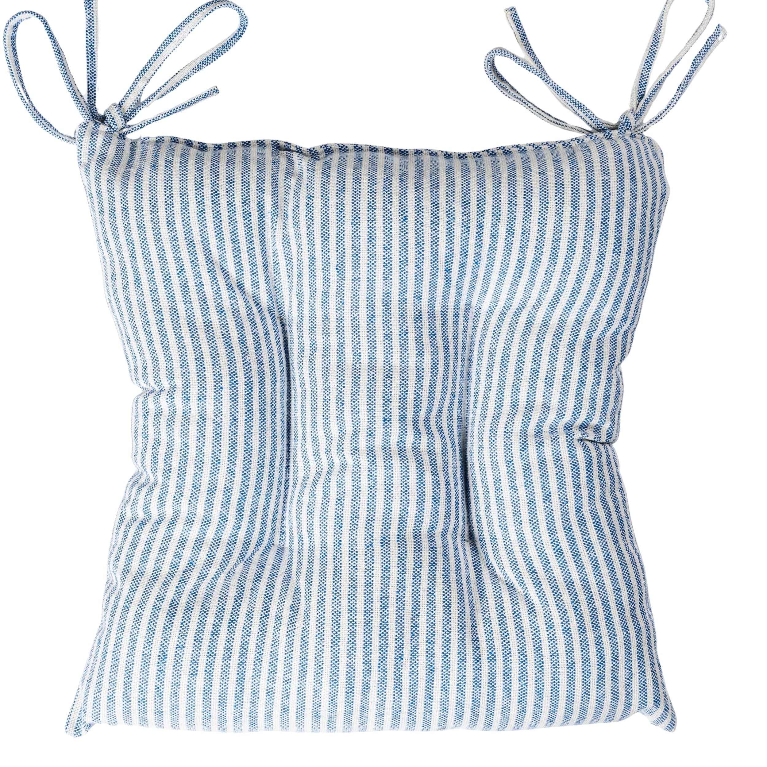 Linen Loft Woven Ticking Stripe Quilted Fibre Seat Pad in Soft Blue. Rustic Nautical Style, Dining Chair Pad with Ties. Deep-Filled & Supersoft. 16" x 16" x 3"