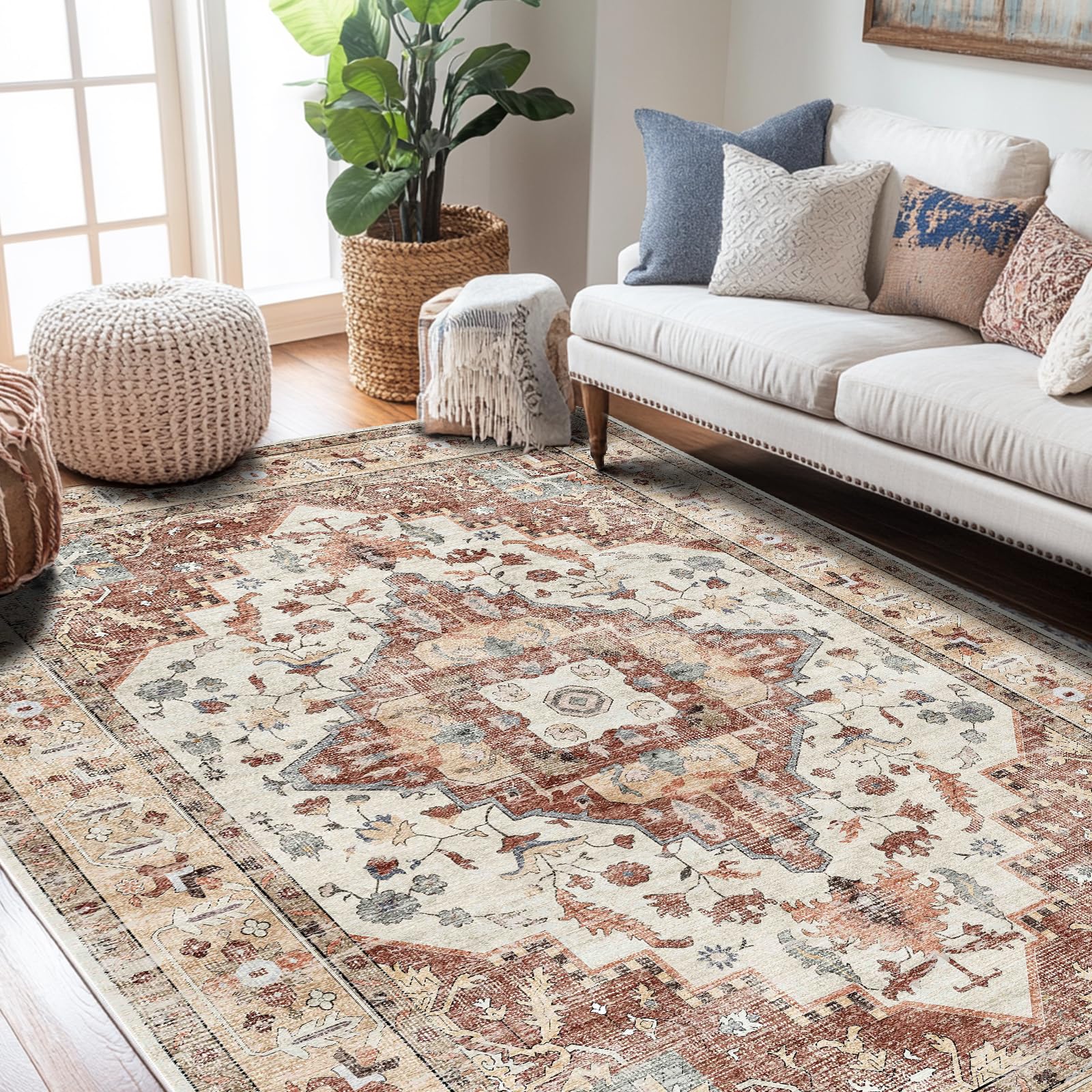 Youime Area Rugs for Living Room 5x7,Machine Washable Non Slip Vintage Retro Rugs, Low Pile Lightweight Soft Rug for Bedroom, Dining Room,Home Office