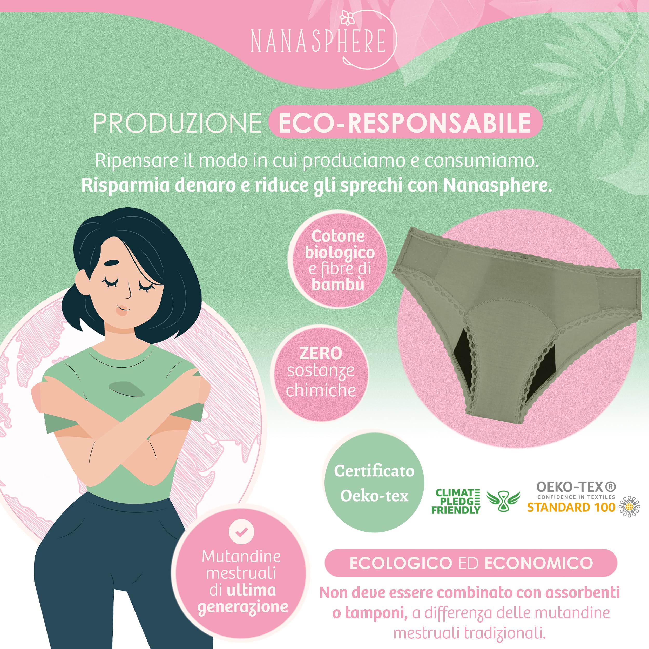 NANASPHERE Mutande Assorbenti Mestruali Set di 3 + Sacco Lavaggio | Donna Ciclo Flusso Abbondante | Cotone Organico | Slip Mestruale Donna | Incontinenza Perdita Urinaria Post Parto Adolescente