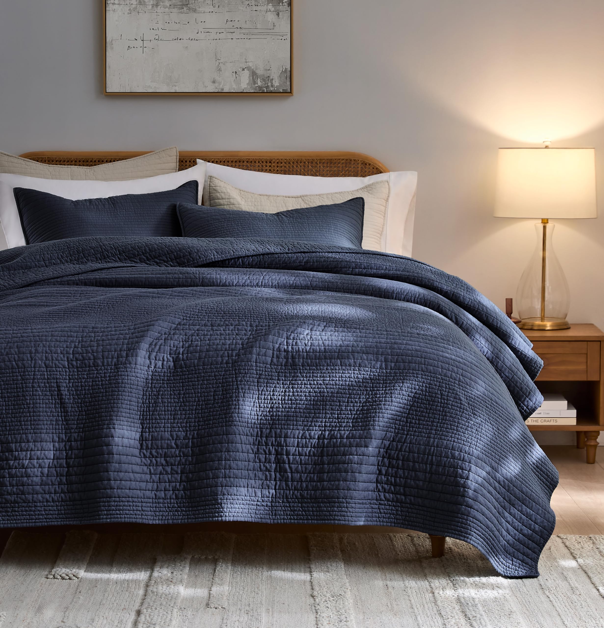 palassio striped navy blue 100% cotton quilt king size bedding sets, lightweight crinkly channel pick stitch textured bedspread soft shabby chic farmhouse country coverlet for all season, 2 shams