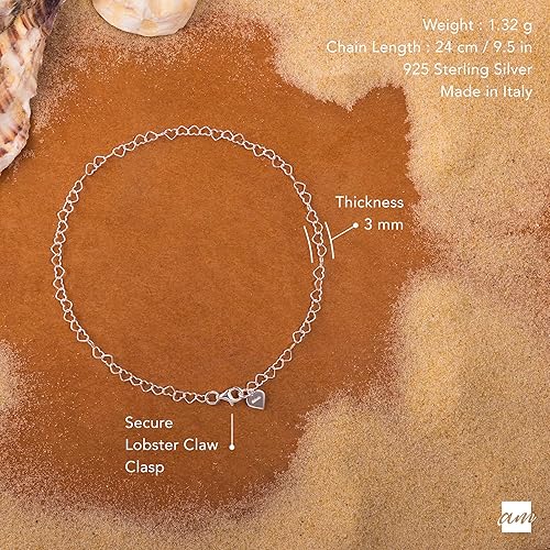 Miniatura 5 de Amberta Tobillera de plata de ley 925 ajustable naturalmente  Pulsera de tobillo de 0118in con cadena de corazón  hasta 10 pulgadas  Ajuste flexible