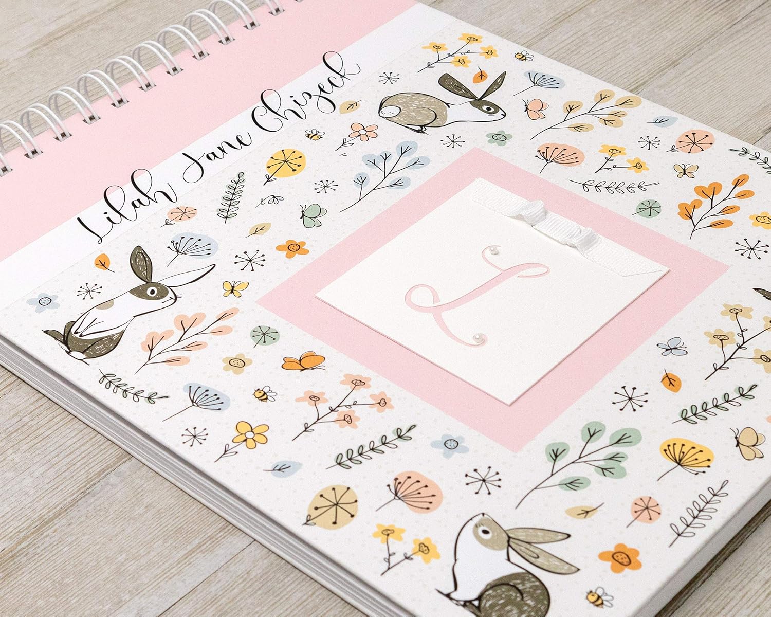 Bunny Baby Memory Book - Personalized Hard Cover First Year Album - Girl Baby Journal (Pink Bunnies)