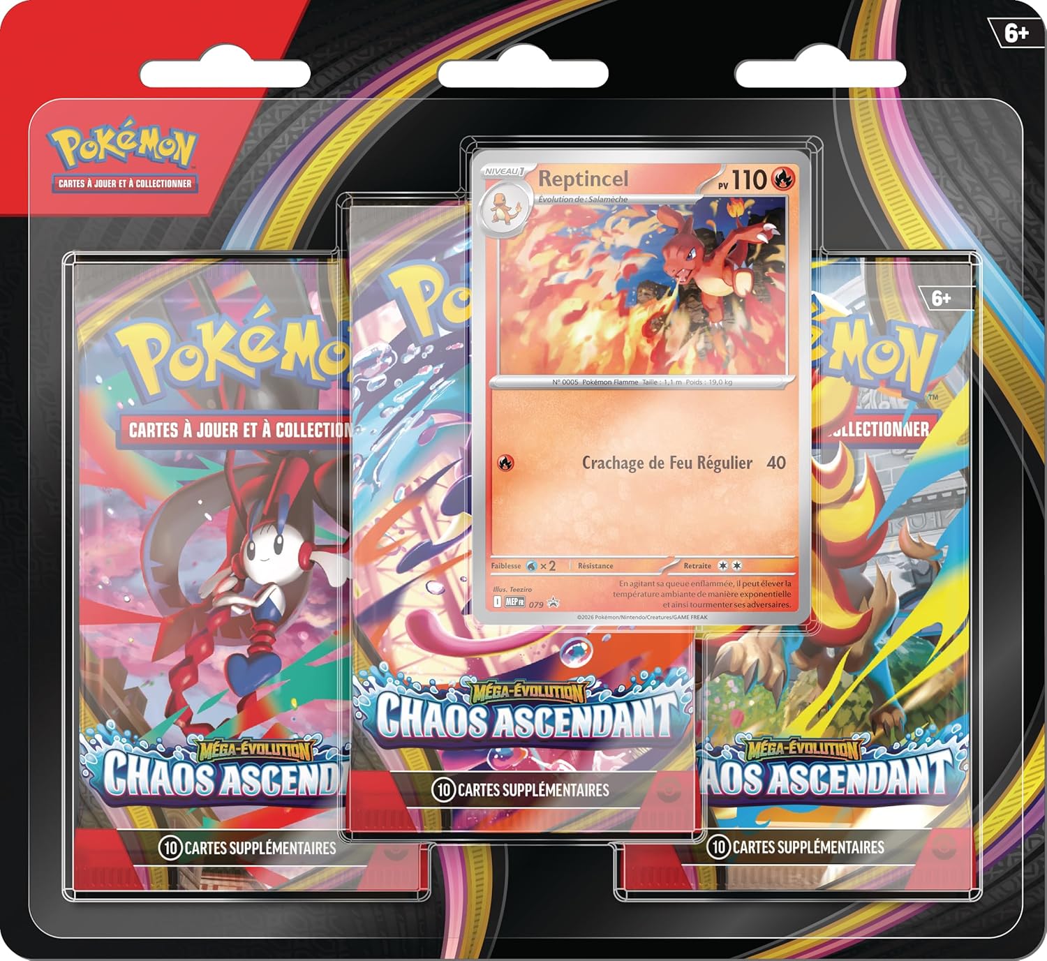 Pokémon : Blister de Trois boosters Méga-Évolution – Chaos Ascendant (1 Carte Promo Brillante et 3 boosters)