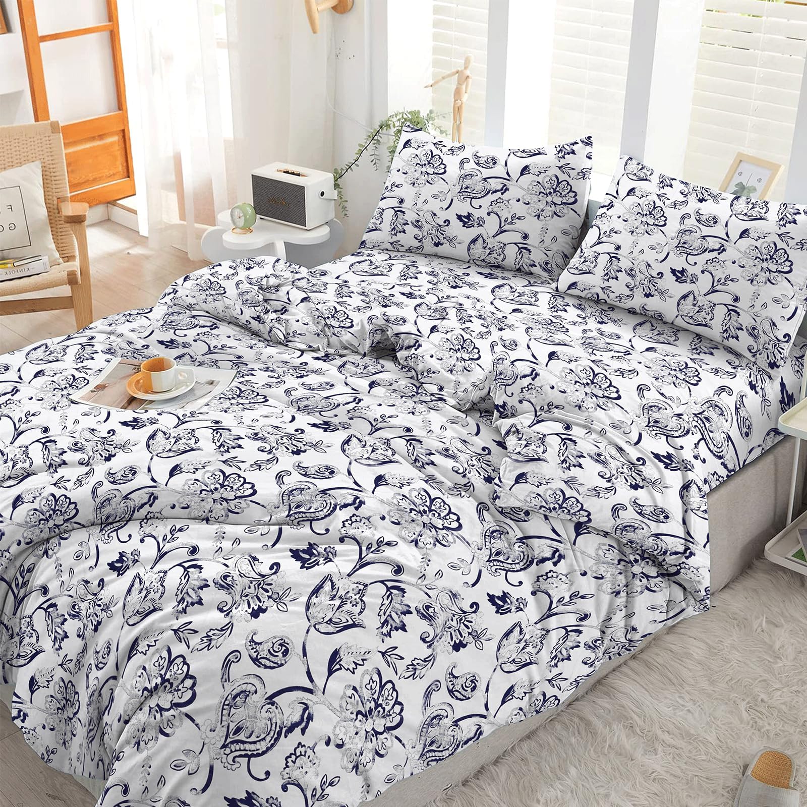 EverSoft Bedding 4Pcs Set 100% Egyptian Cotton Printed Duvet Cover Double Size with 1x Printed Fitted Sheet & 2 Matching Pillowcase Pair 400 Thread Count Quilt Reversible Double Duvet Cover Set