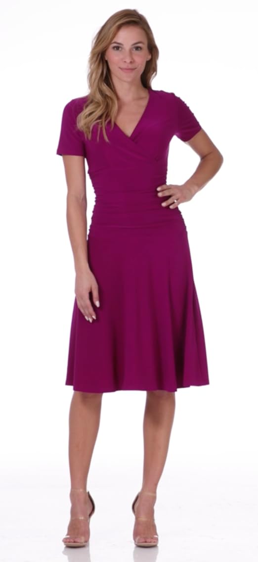 Rekucci Women's Slimming Short Sleeve Fit-N-Flare Crossover Tummy Control  Dress (4, Navy) at Amazon Women's Clothing store