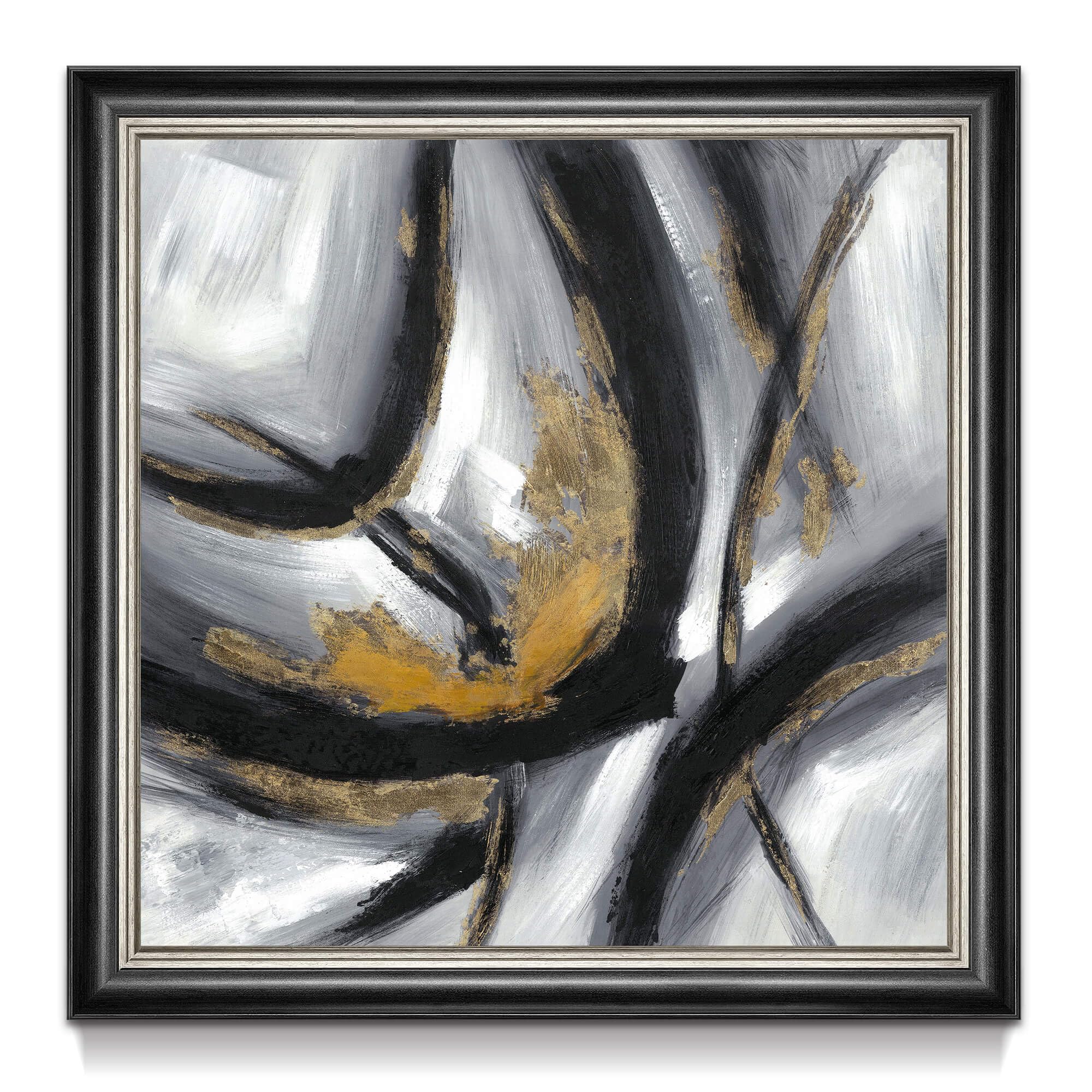 Black and Gray Circle Canvas Art: Framed Ink Stroke Wall Decor Gold Spirals Painting Abstract Shapes Picture Contemporary Illustrations for Living Room, Bedroom, Office, Home Decor, 36x36 inches