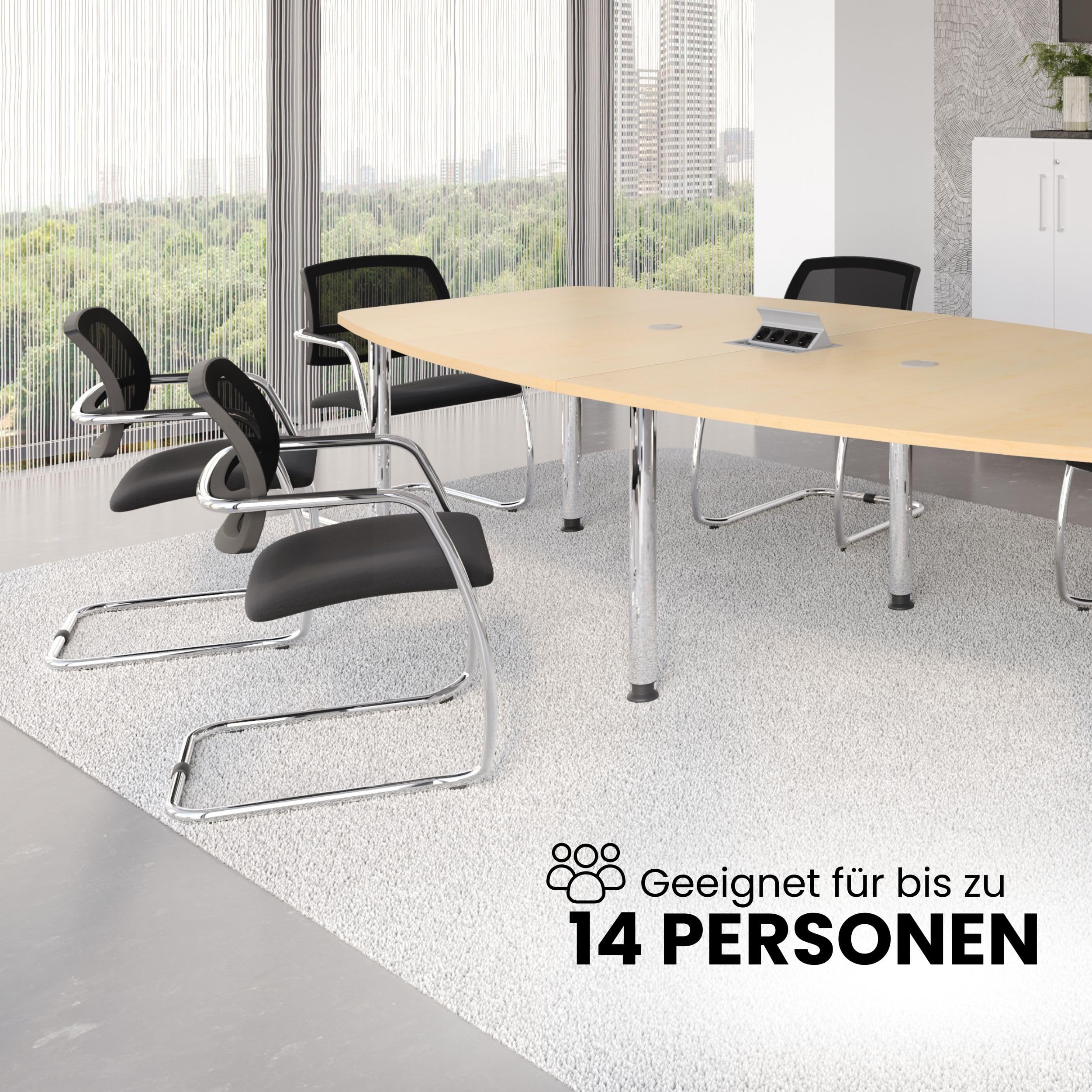 bümö Konferenztisch oval 400x130 cm großer Besprechungstisch in Eiche, Besprechungstisch mit Gestell in Silber, Meetingtisch für 14 Personen, XXL-Tisch für Besprechungsraum & Meeting