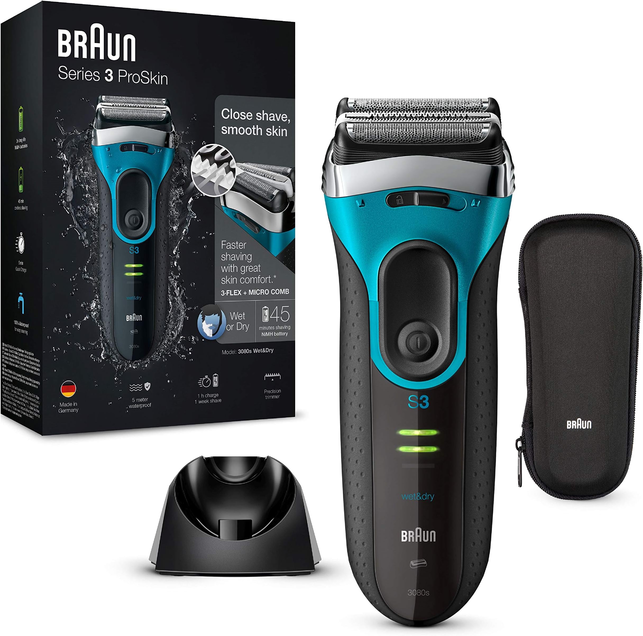 Braun Series 3 ProSkin 3080s Wet and Dry Electric Shaver for Men/Rechargeable Electric Razor, Blue