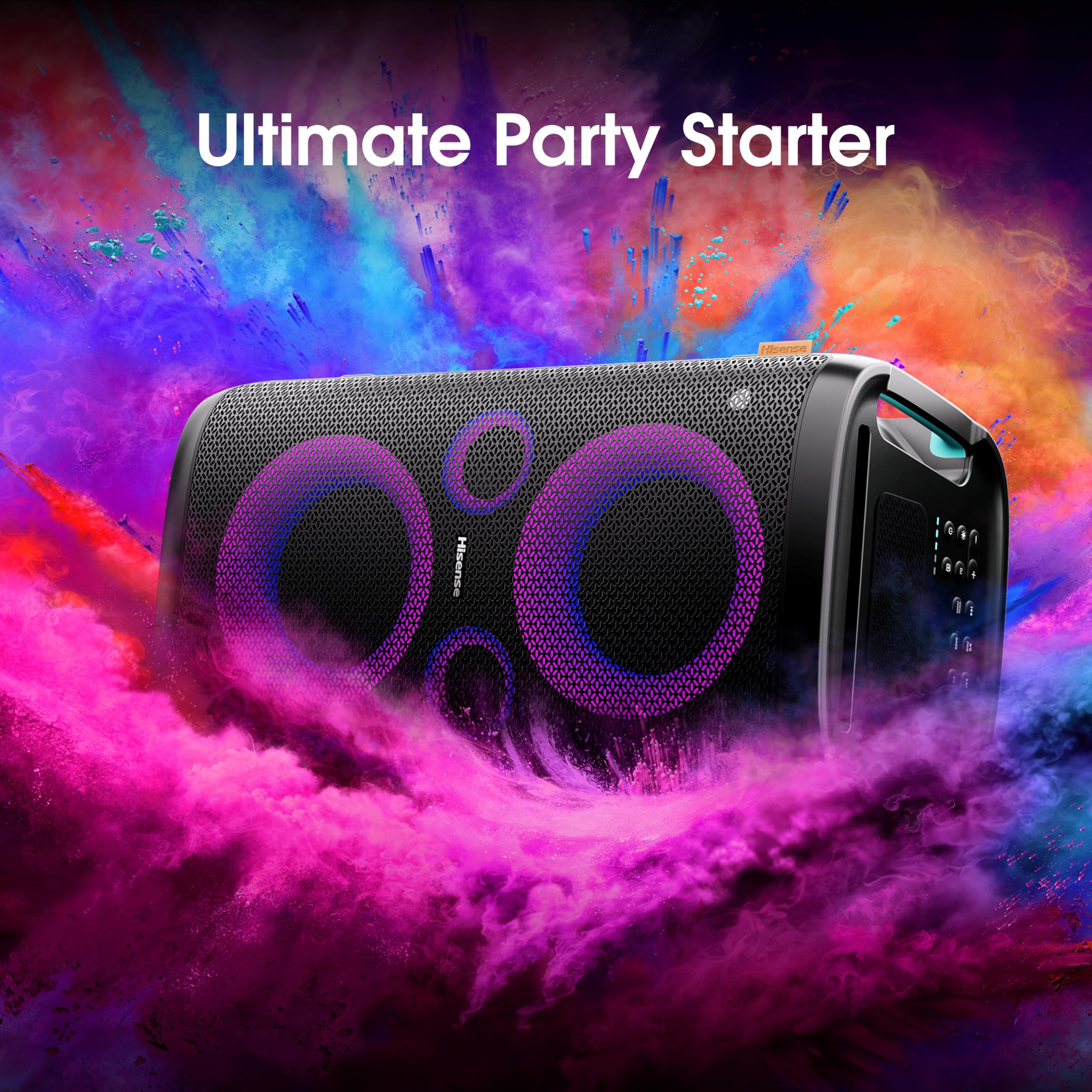 Hisense Party Rocker One, l'altoparlante Bluetooth con una potenza da 300W, woofer integrato,Modalita' Karaoke, wireless charging pad integrato, ingresso e uscita AUX, USB