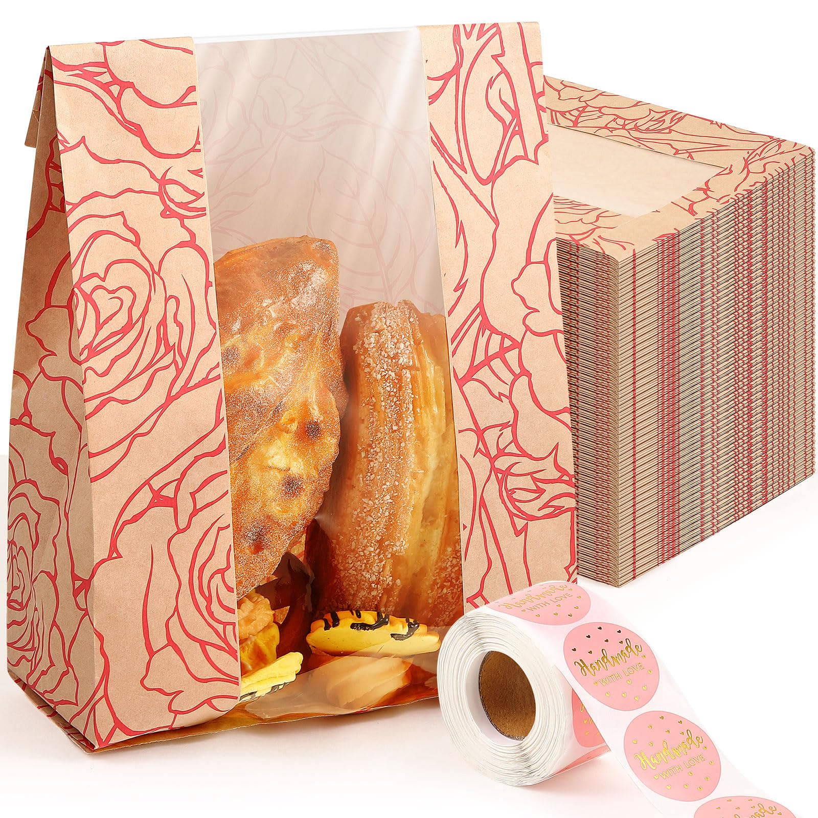 Paquete de 100 bolsas de pan a granel para pan casero, bolsas de pan kraft de masa madre con 500 calcomanías de amor, bolsas de papel grandes con ventana transparente para almacenamiento de
