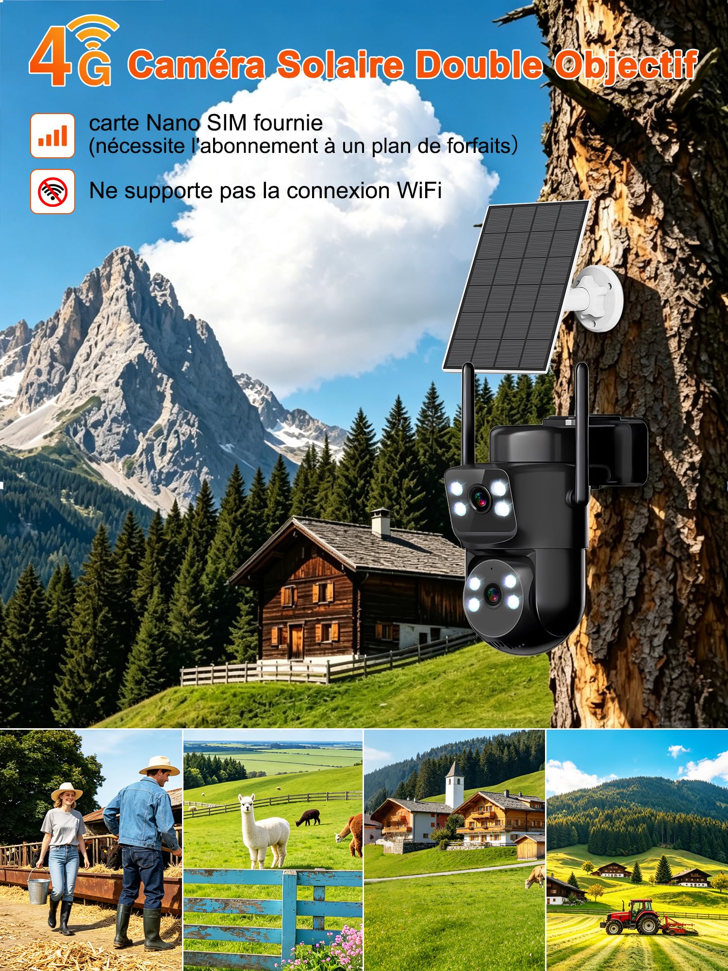 4G LTE Cámara de vigilancia con doble lente con tarjeta SIM, AOV 24/7, seguimiento automático, cámara solar exterior+batería, detección de movimiento, visión nocturna color, audio bidireccional, 4K HD