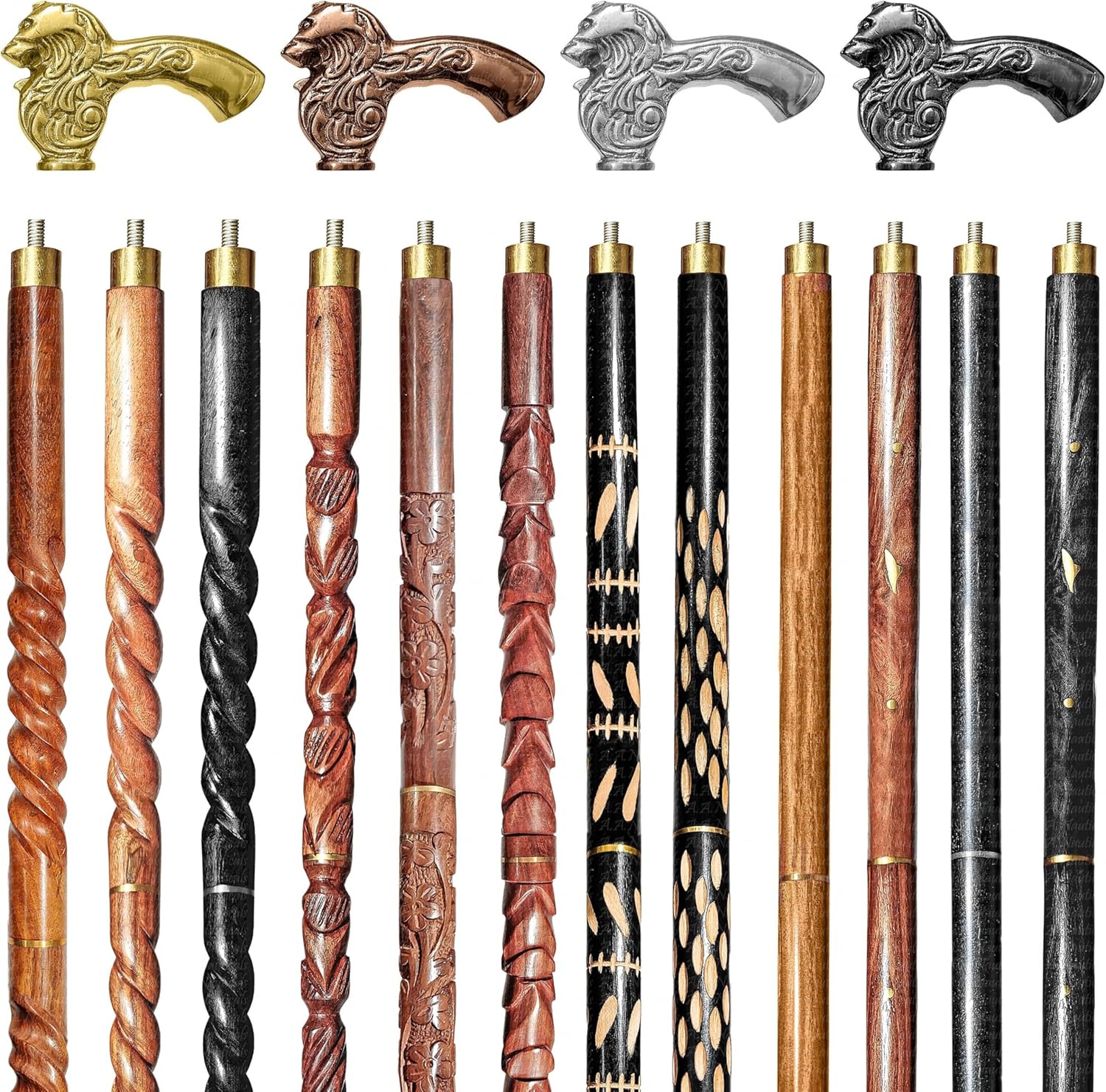 Wood Walking Staff Cane Stick with Lion Handle, Rubber Ferrule, Foldable, Adjustable, Custom 31-61 in, AANWS168