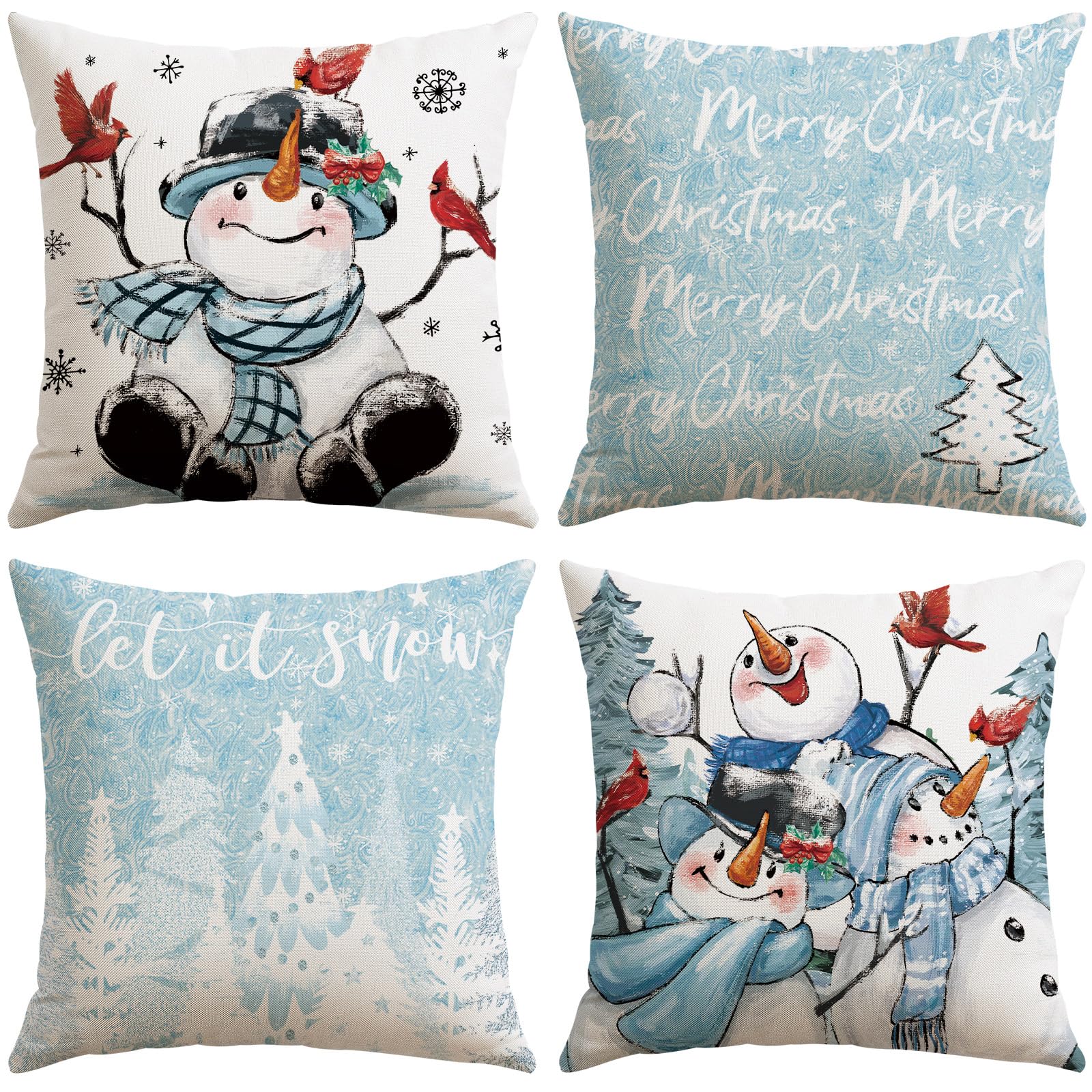 JOTOM Christmas Cushion Covers 40x40 cm Set of 4 Snowman Xmas Trees Decorative Throw Pillow Covers Sofa Merry Christmas Cushion Cases Winter Holiday Decoration for Home Couch Bed Decor (Blue)
