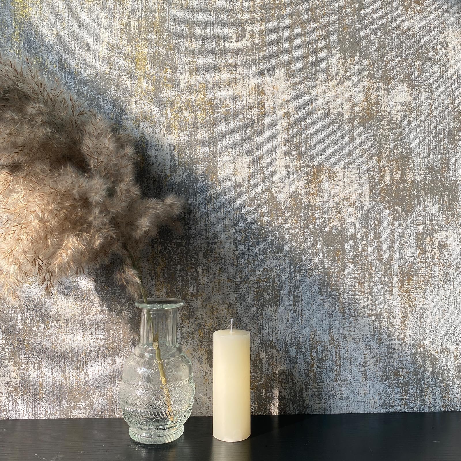 HueBurst Gray Gold Tuxtured Wallpaper Gray Industrial Metallic Wallpaper 17.3 x 472 Textured Metallic Wallpaper for Living Room Bedroom Non-Woven Wall Paper, Need Adhesive