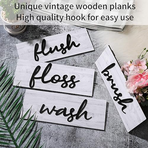 Miniatura 7 de Jetec 4 piezas de decoración de pared de baño de granja, letreros rústicos colgantes de madera, arte de pared primitivo, decoraciones de madera