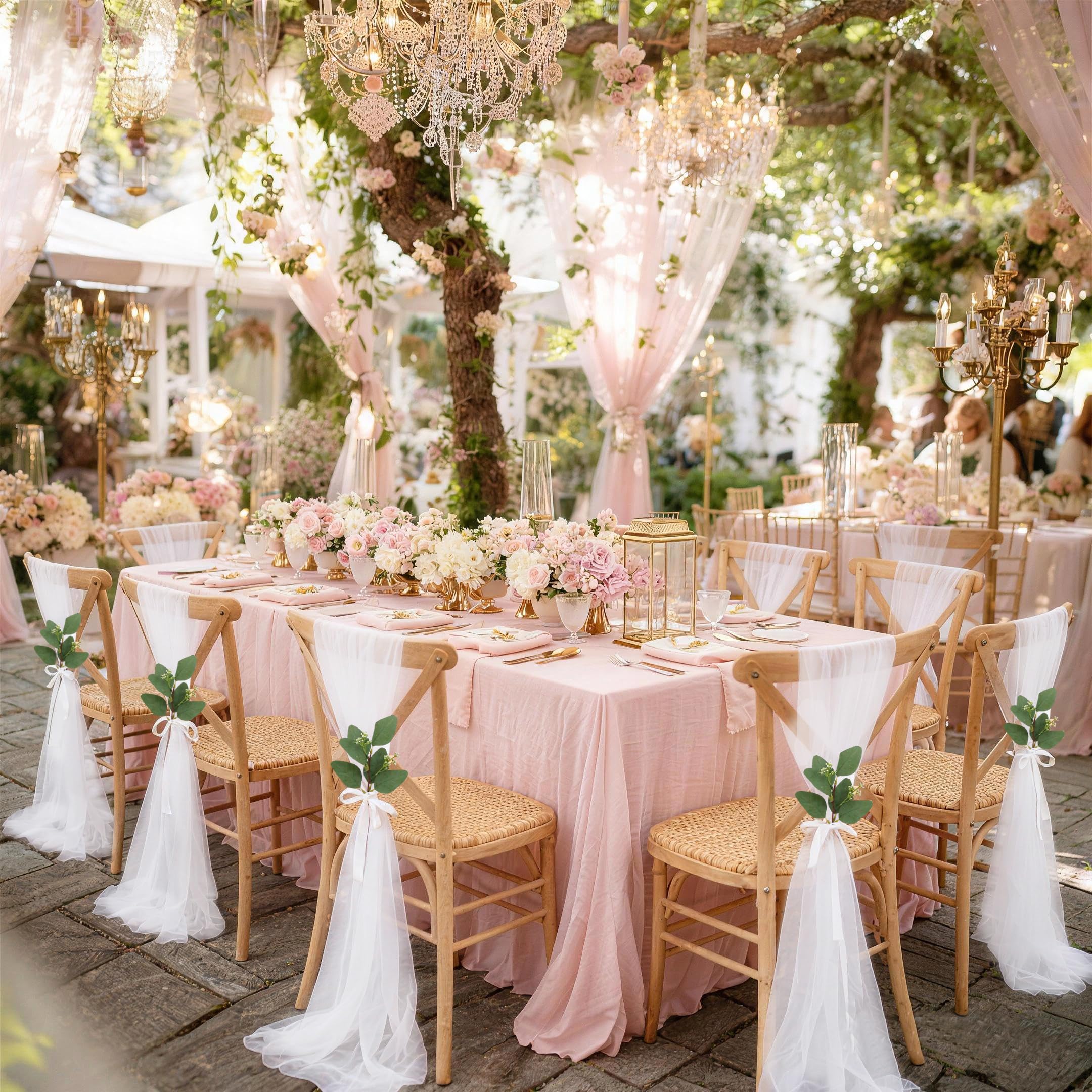 16 Stück Stuhlhussen Hochzeit Weiß 26x240cm – Chiffon Stoff Stuhlschleifen Stuhldeko Tüll Stuhlschärpen Kirche Bankreihe Hochzeit Party