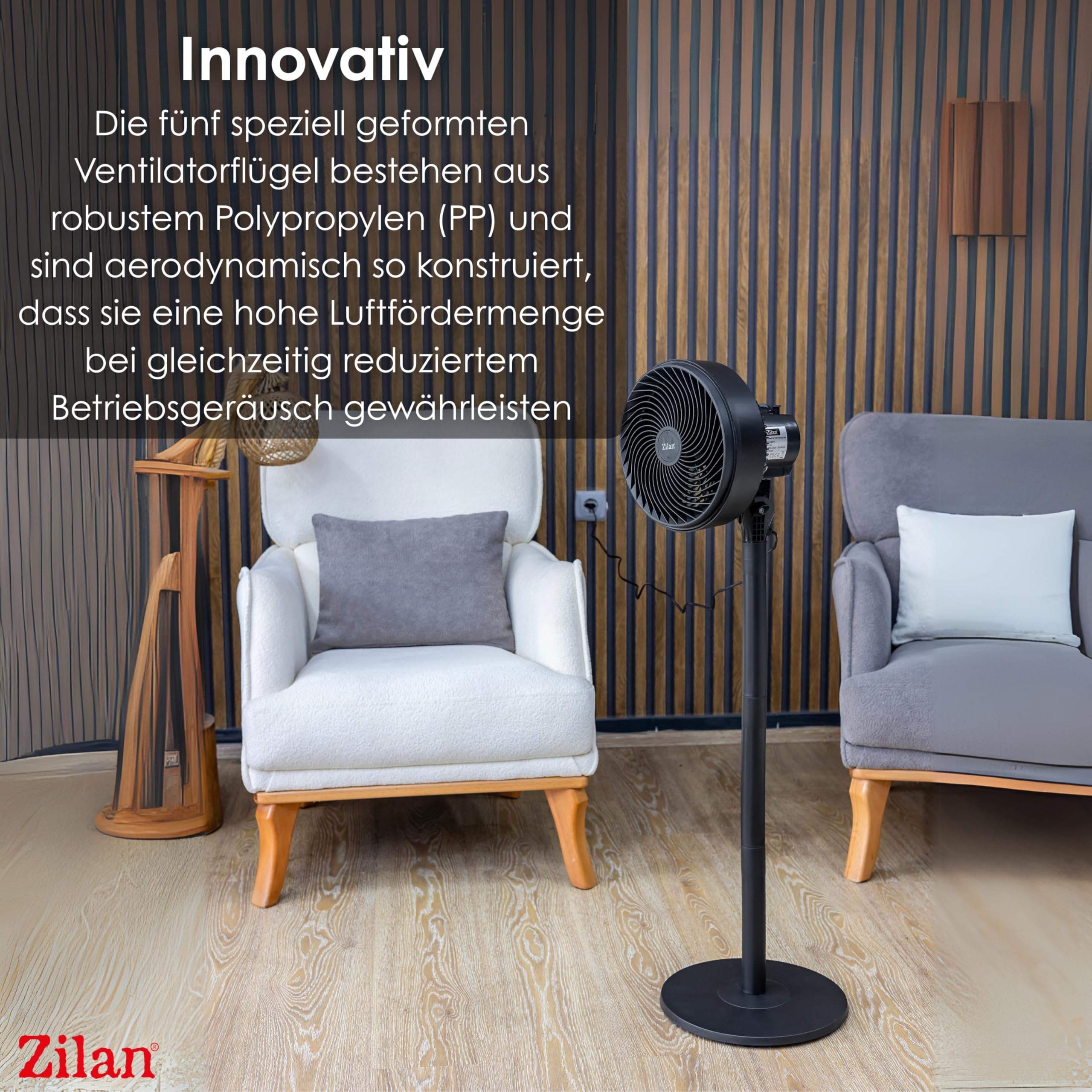 Zilan Standventilator 65 Watt kraftvoller Ventilator sehr leise energiesparend 3 Stufen hoher Luftdurchsatz 90° oszillierend höhenverstellbar Bodenventilator mobiler Luftkühler Standlüfter Tower Fan