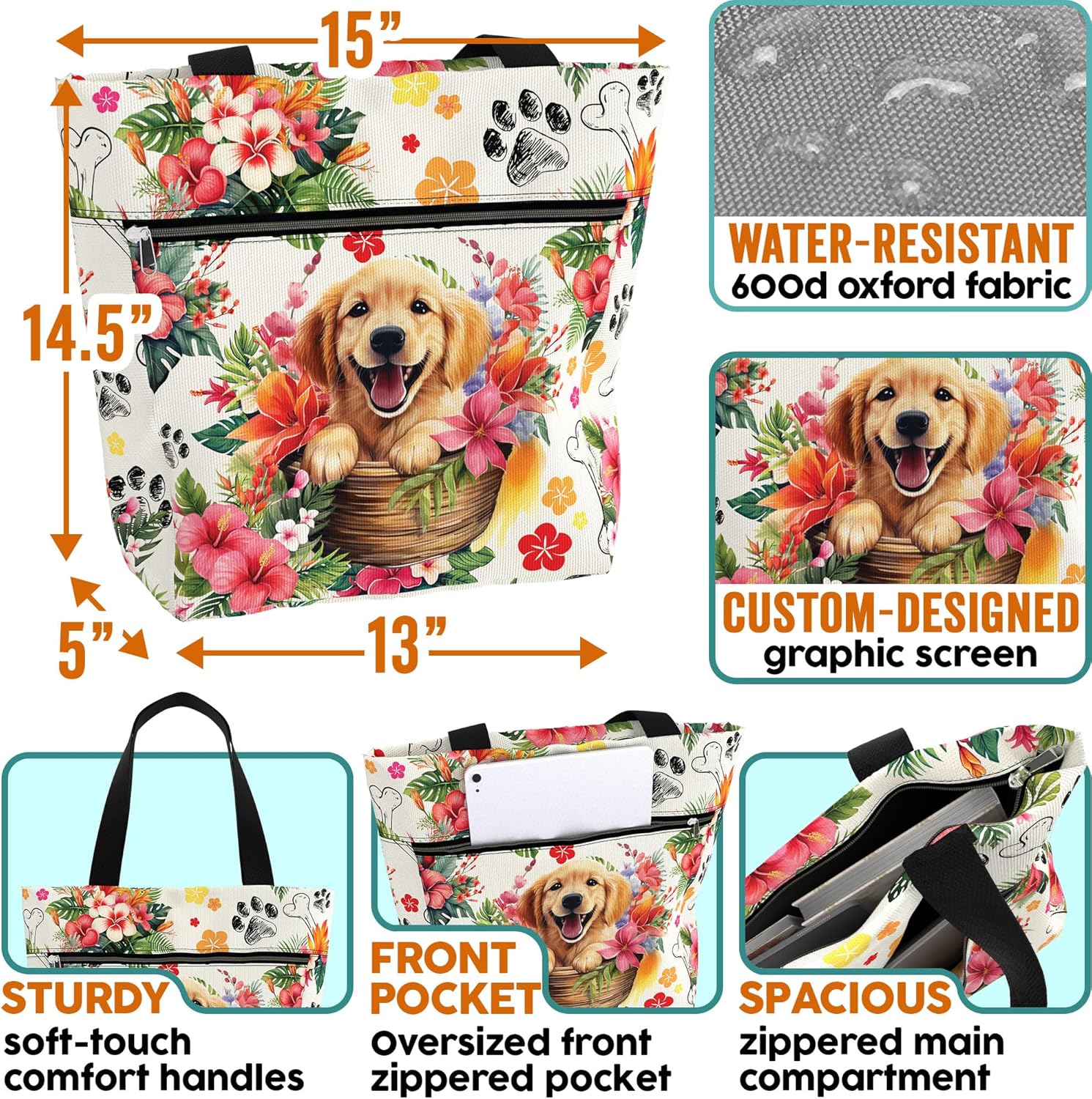 84hoods Large Waterproof Tote Bag with Pockets and Zipper for Women for Work. Gift for Golden Retriever Lovers and Owners.