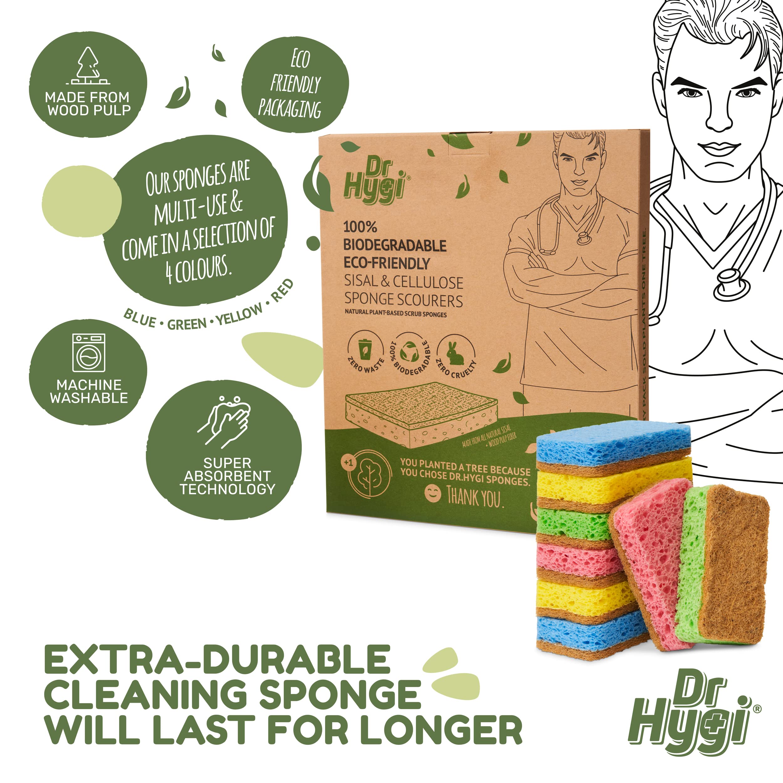 Dr.Hygi® Scrub Sponges, 8-Pack Eco Sponges Set, Natural Sisal and Cellulose Washing Up Sponge, 100% Biodegradable - Image 4