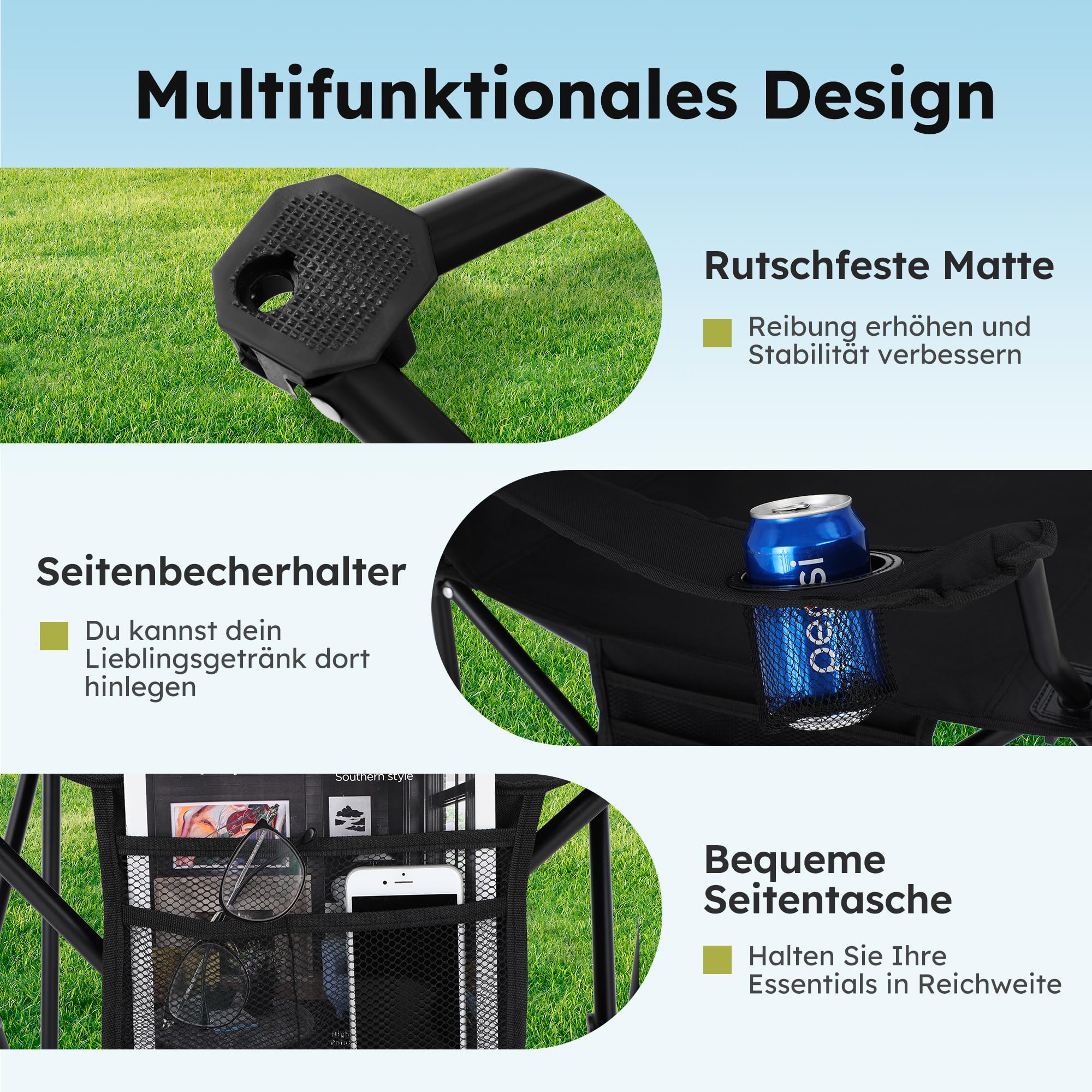 HIGH POINT SPORTS 2er Set Klappstuhl Campingstuhl Faltstuhl Komfortable Anglerstuhl mit Getränkehalter & Kühlfach, bis 120Kg Belastbar, Anglersessel klappbar Gartenstuhl Faltstuhl Relaxsessel
