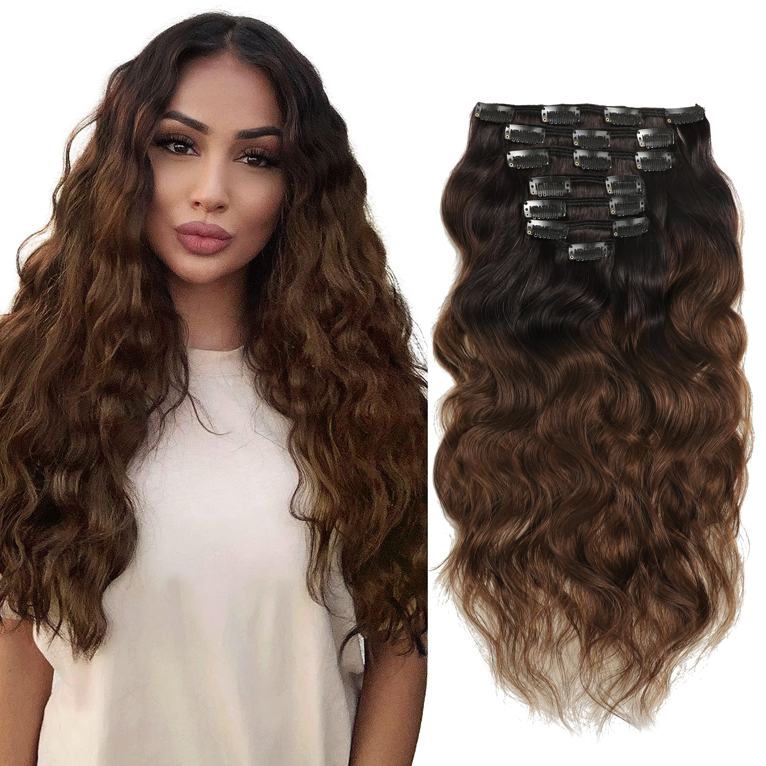 Anrosa 20 inch Human Hair Extensions Clip in Natural Wave Curly #1B/4 Dark Brown Color Full Head 120gram Ombre Color Natural Wavy Curls 7pieces