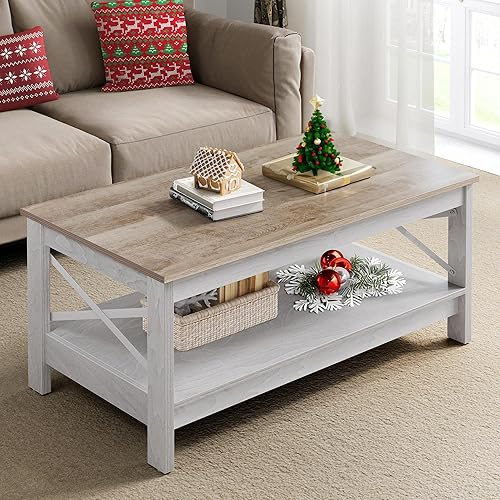 Miniatura 30 de YITAHOME Mesa auxiliar para sala de estar, moderna mesa de centro de granja con almacenamiento, mesa central de 2 niveles de madera, mesa de sala de
