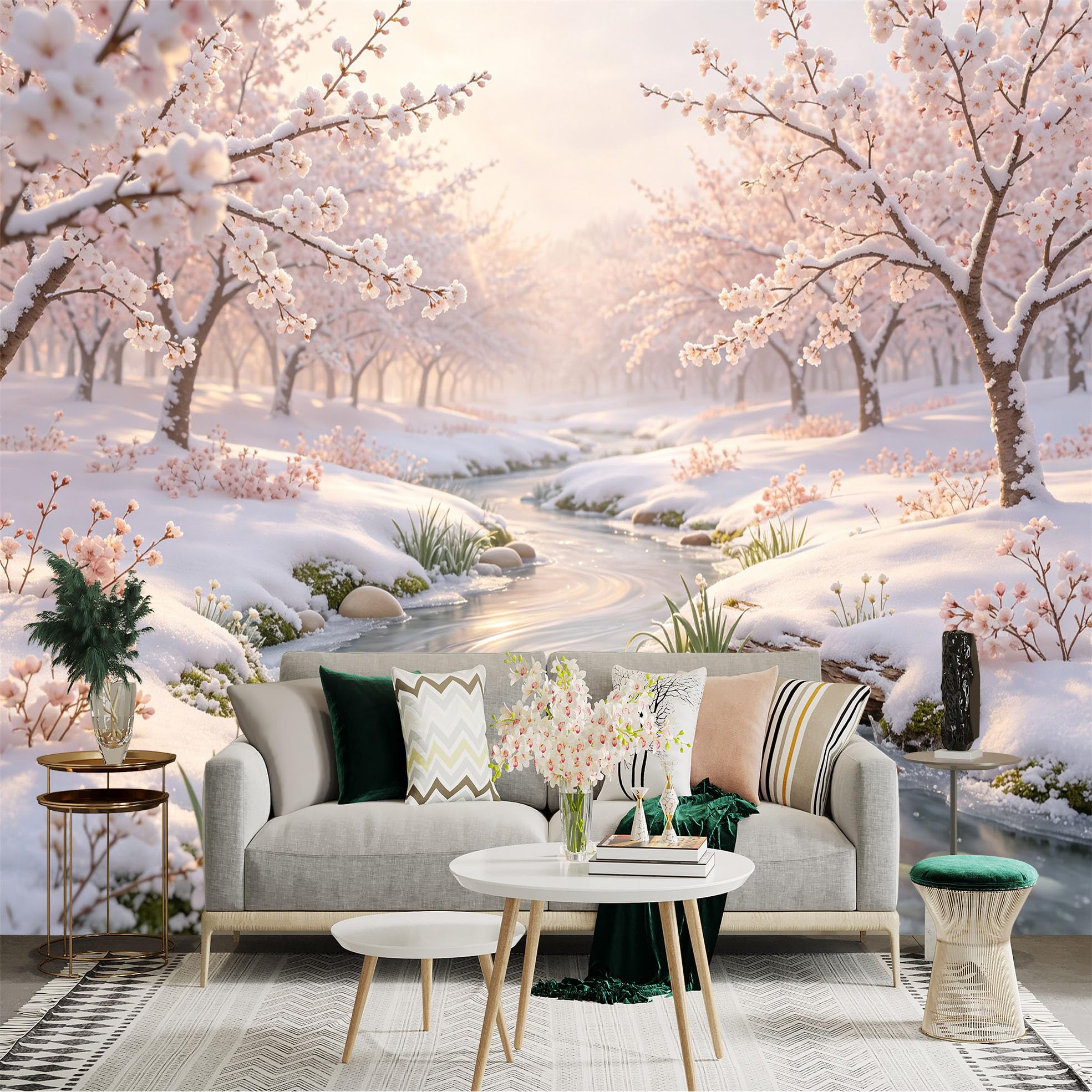 Lnzczhyre Bh260719440 Custom Size Wall Sticker Mural， Snowy Landscape With Cherry Blossom Trees， Frozen River And Stones， Winter Nature Scene， For Wall Decoration， Peelandstick Wall Decals.