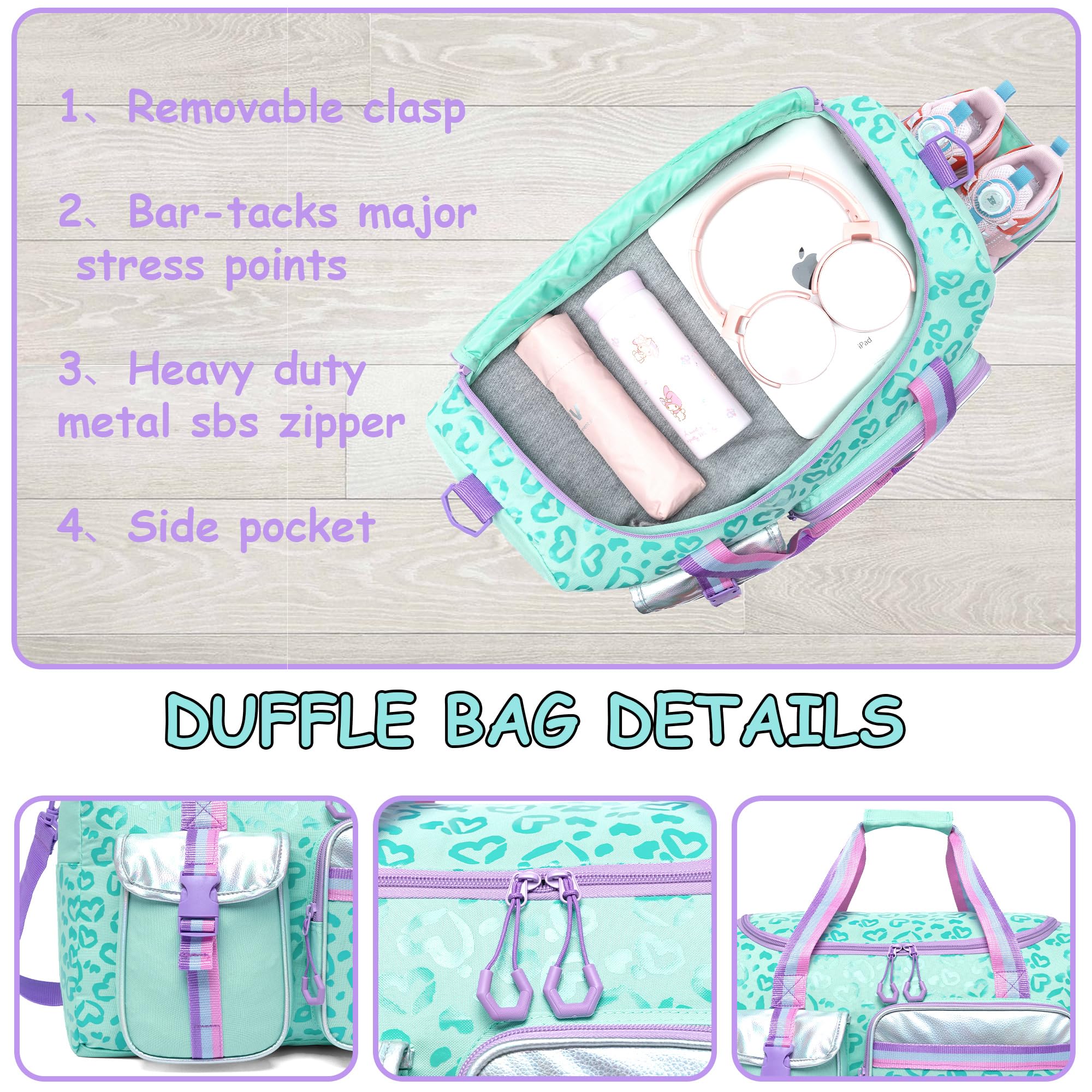 Kids Overnighter Duffel Bags for Kids Carry-On for School Overnight Travel Weekender Tote for Travel Gym Sport Bag for Girls - Image 3