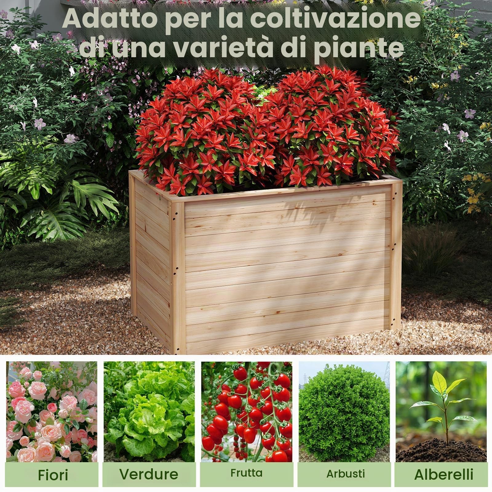 HOMASIS Vaso Rettangolare in Legno di Abete, Orto Rialzato da Esterno con Base Aperta, Fioriera Rialzata da Giardino, Balcone o Terrazza per Fiori, Erbe, Frutta e Verdura, 100 x 64 x 65,5 cm, Naturale