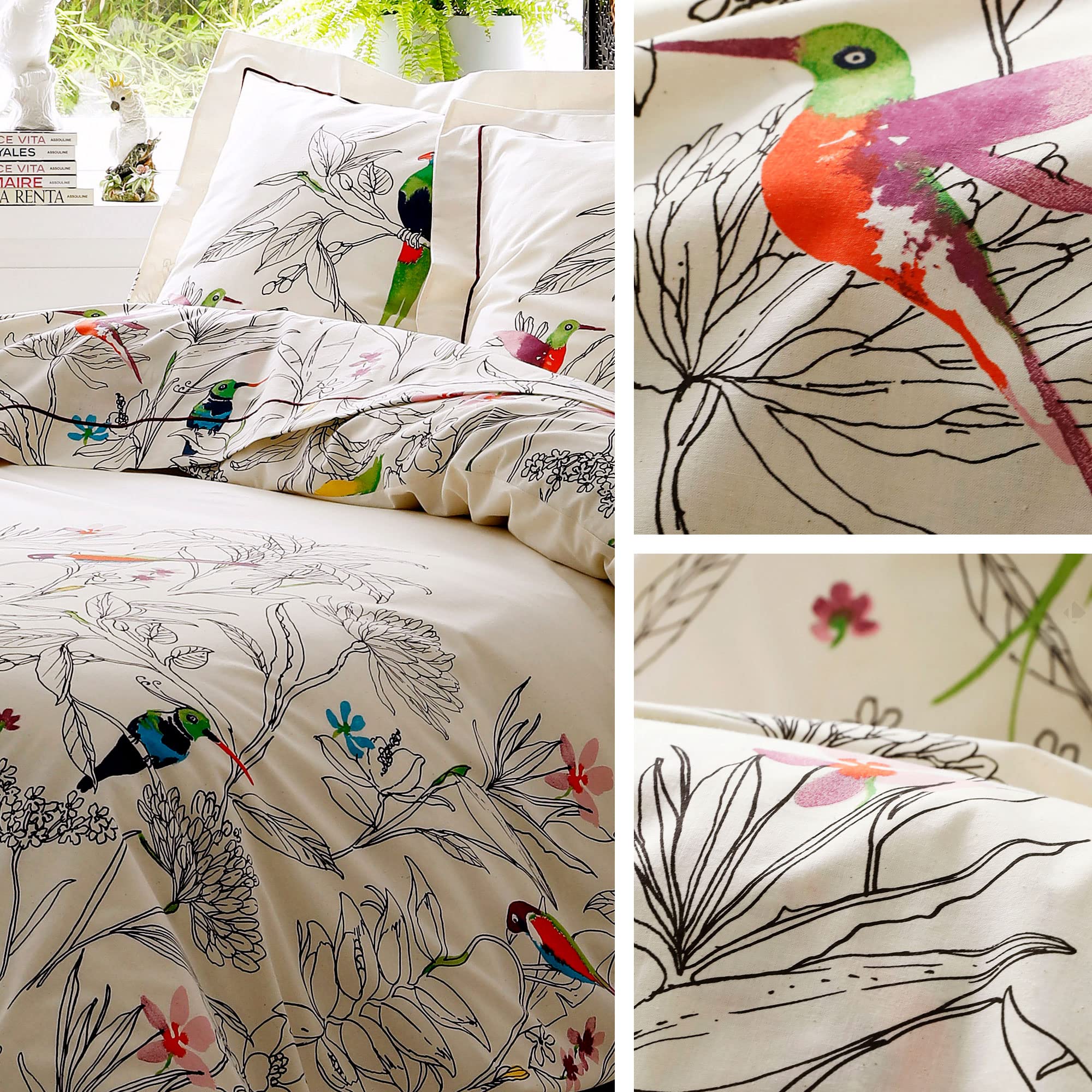 Linnea Drap Plat 280x310 Cm 100% Coton Amazonia Ecru - Perroquets Et Colibris Colorés