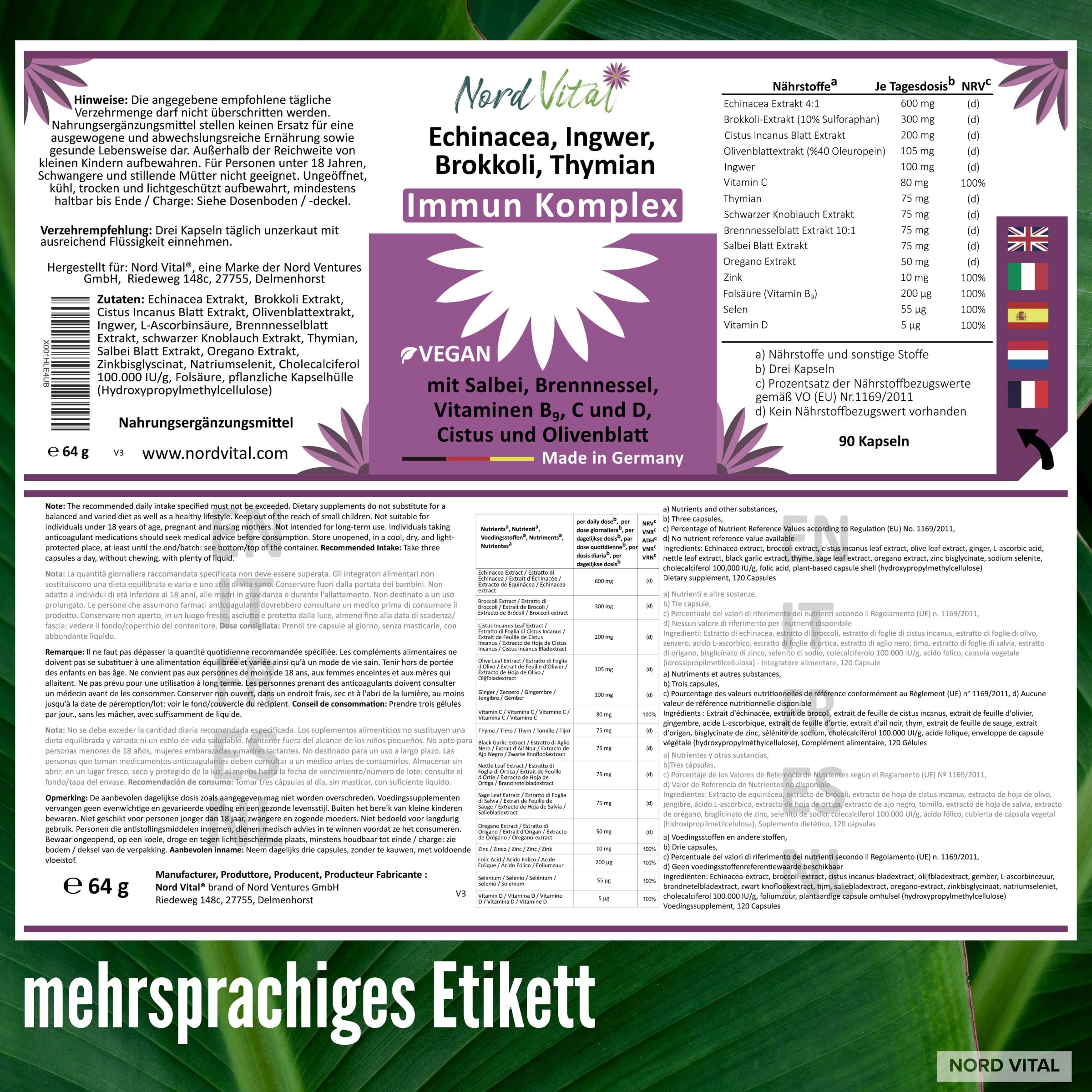 Echinacea Komplex mit 15 aktiven Inhaltsstoffen – Premium Immun-Komplex aus Echinacea, Brokkoli, Ingwer, Salbei, Brennnessel, Cistus, Olivenblatt, Vitamin C, B9, D, Zink & Selen – Made in Germany