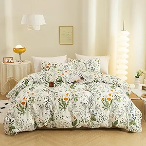 ECOCOTT 3 Pieces Floral Duvet Cover Sets King Size,100% Natural Cotton Floral Pattern 1 Duvet Cover with Zipper and 2 Pillowcases, Ultra Soft and Easy Care Breathable Cozy Simple Style Bedding Set
