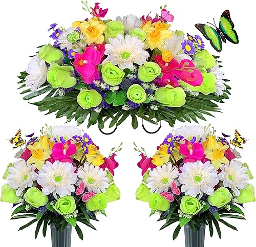 Sillín de flores de lápida artificial para tumba, juego de 3 piezas de flores de cementerio, ramo colorido con mariposa viva, arreglo conmemorativo