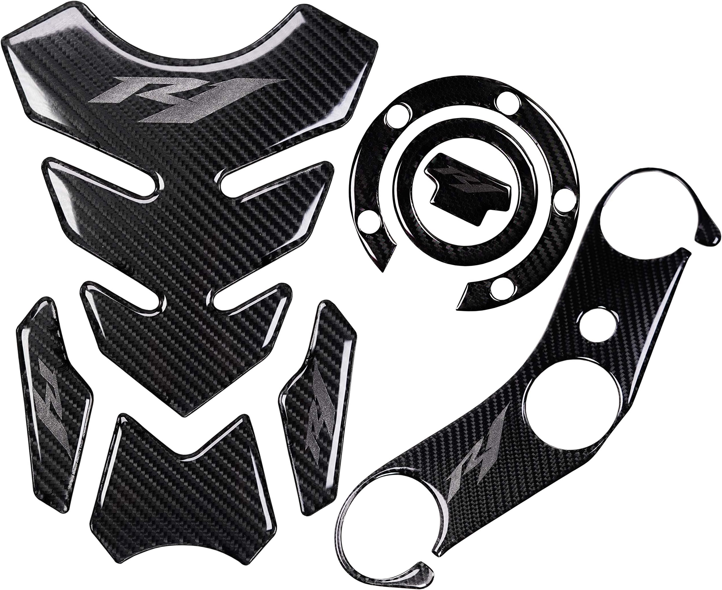 5D Real Carbon, Motorcycle Gas Tank Protector, Grey Tank Pad Sticker, Tank Cap, Fuel Cap Decal, Triple Tree Front End Upper for R1, 3 Pcs Per Set