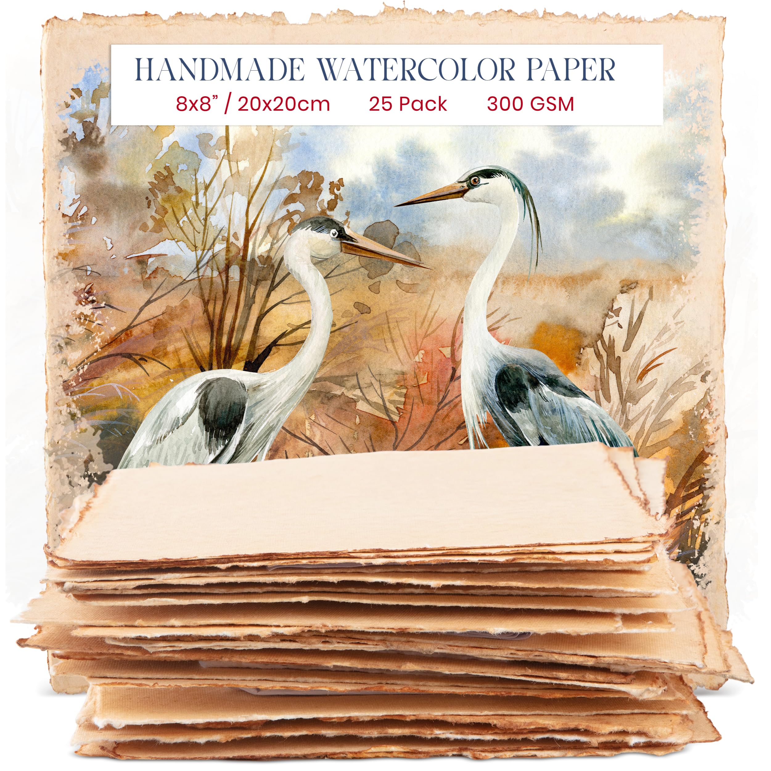 Wanderings Carta Acquerello Vintage Artigianale Spessa con Bordi Sfrangiati - 20x20 cm - 300 gsm - Carta Premium Antichizzata a Caldo per Tecniche Miste in Cotone Riciclato - 25 Fogli Sfusi