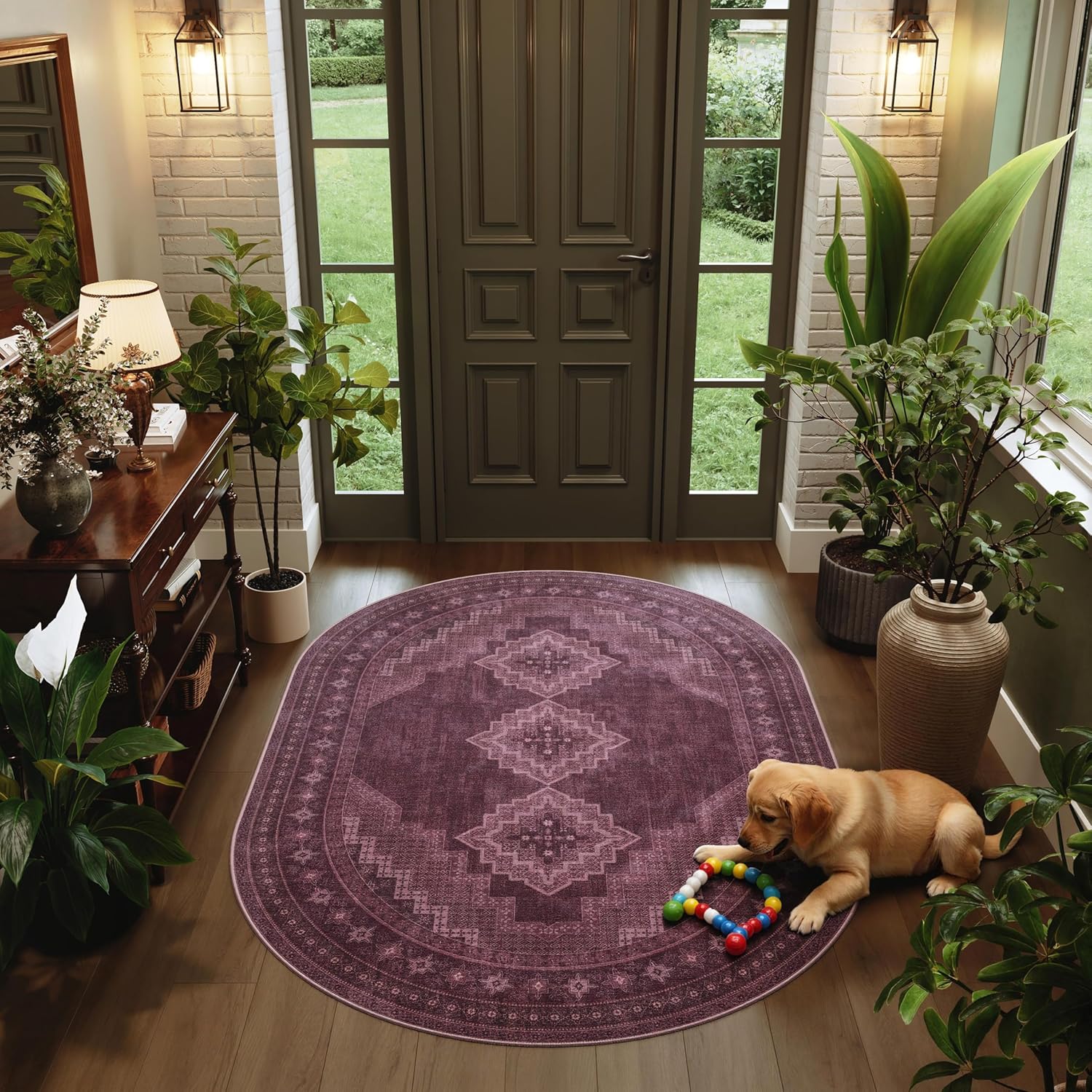 4x6 Oval Rug - Washable Ultra-Thin Living Room Rug Vintage Non-Slip Carpets - Soft & Stain Resistant Rug for Kitchen Bedroom Dining Room Living Room Red Burgundy