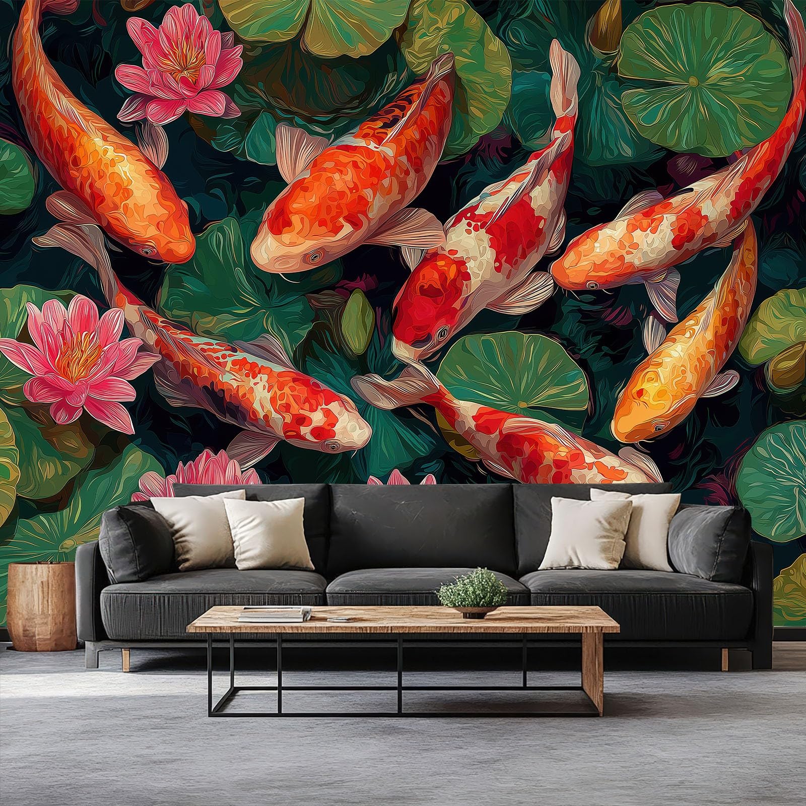 Papier peint étang Koi nénuphar pour une décoration murale de salon zen