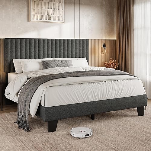 Miniatura 3 de Einhomn Base de cama tamaño Queen con cabecero, base de cama tapizada de lino con listones de madera maciza, sin ruido, no necesita somier, fácil