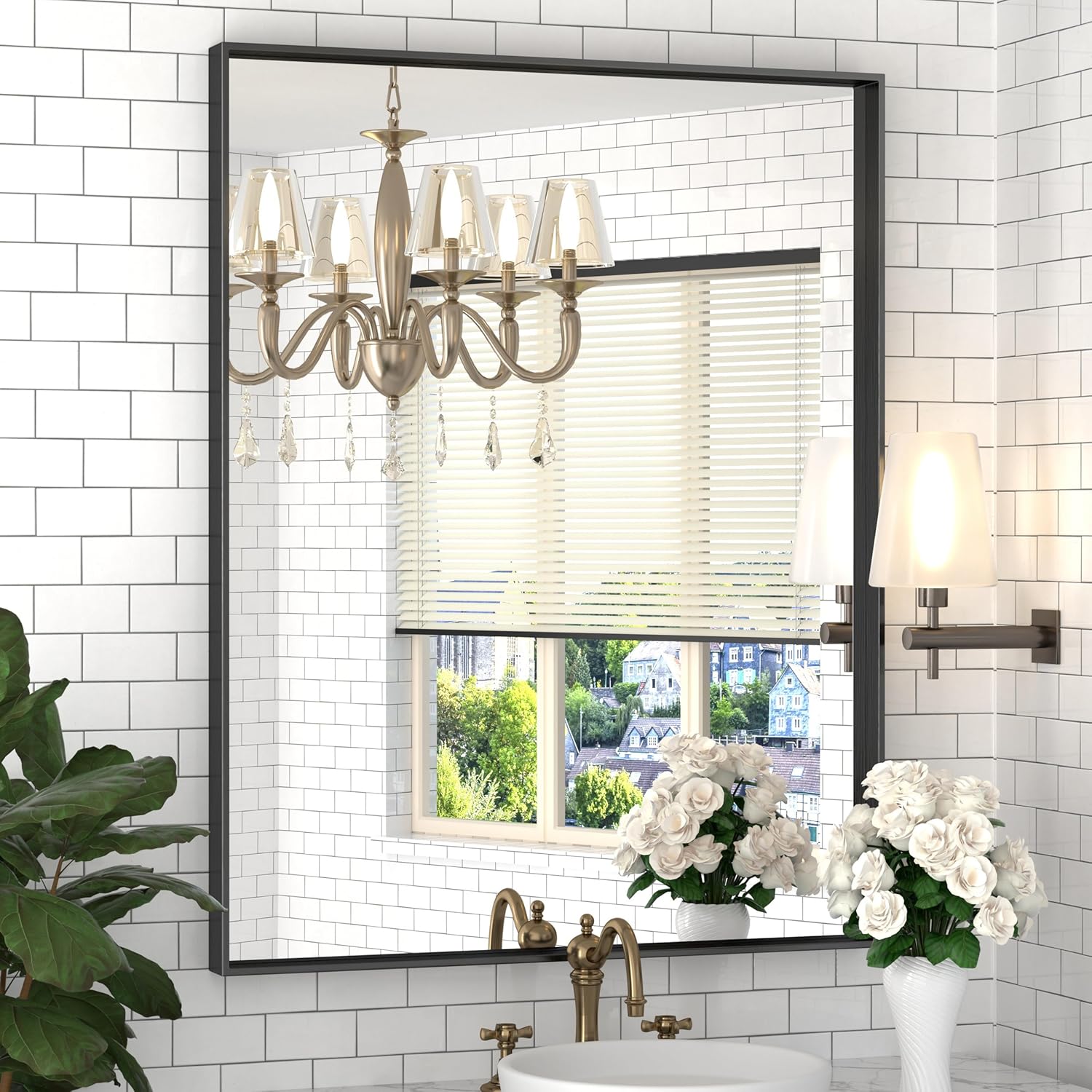 DENRICK 24X36 Wall Mounted Large Bathroom Mirror Black Bathroom Rectangular Vanity Mirror Matte Black Wall Mirror Metal Framed Farmhouse Mirrors Aluminum Frame Modern Rectangle Mirrors 36"L x 24"W