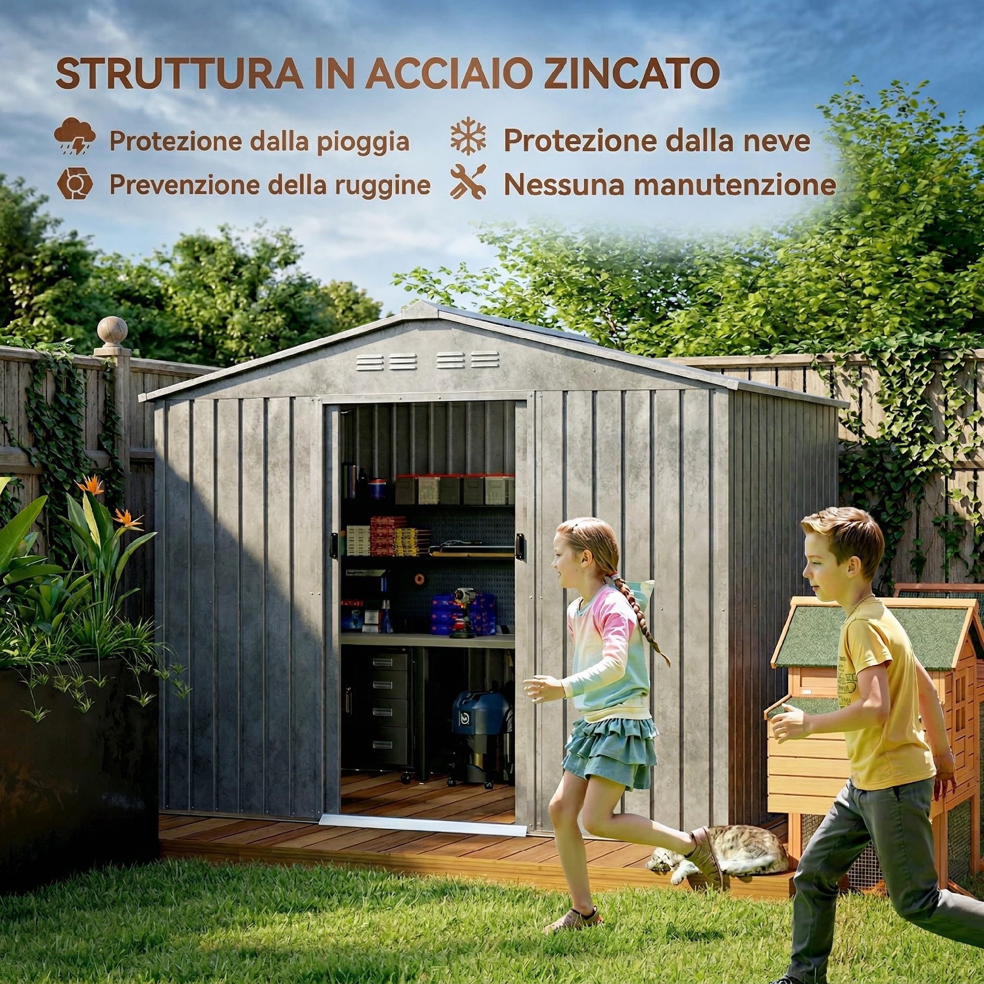 Outsunny Casetta da Giardino 3.6m² in Acciaio Zincato con Prese d'Aria, Capanno da Giardino con Doppia Porta Scorrevole Bloccabile e Tetto Inclinato, Capanno Porta Attrezzi da Esterno, Grigio Scuro