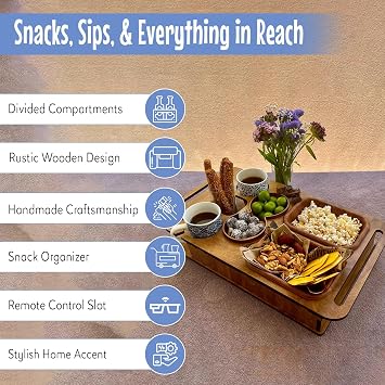Premium Sofa Tray Table | Divided Wooden Serving Organizer with Glass & Bottle Holders | Versatile Couch Companion Sofa Organizer & Divided Snack Serving Platter (Brown)